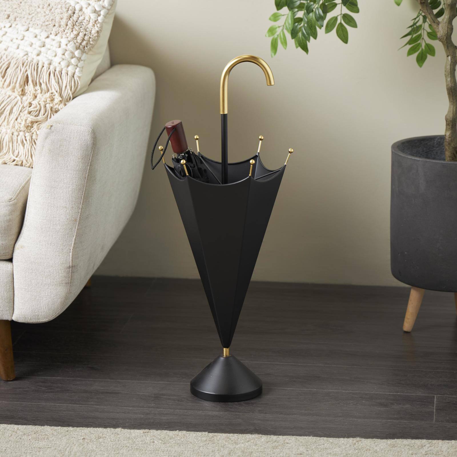 Black Metal Umbrella Stand with Gold Handle & Ball Details