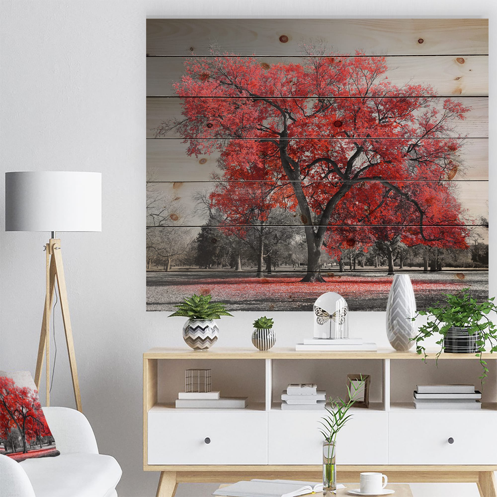 Designart - Big Red Tree on Foggy Day - Landscape Print on Natural Pine Wood
