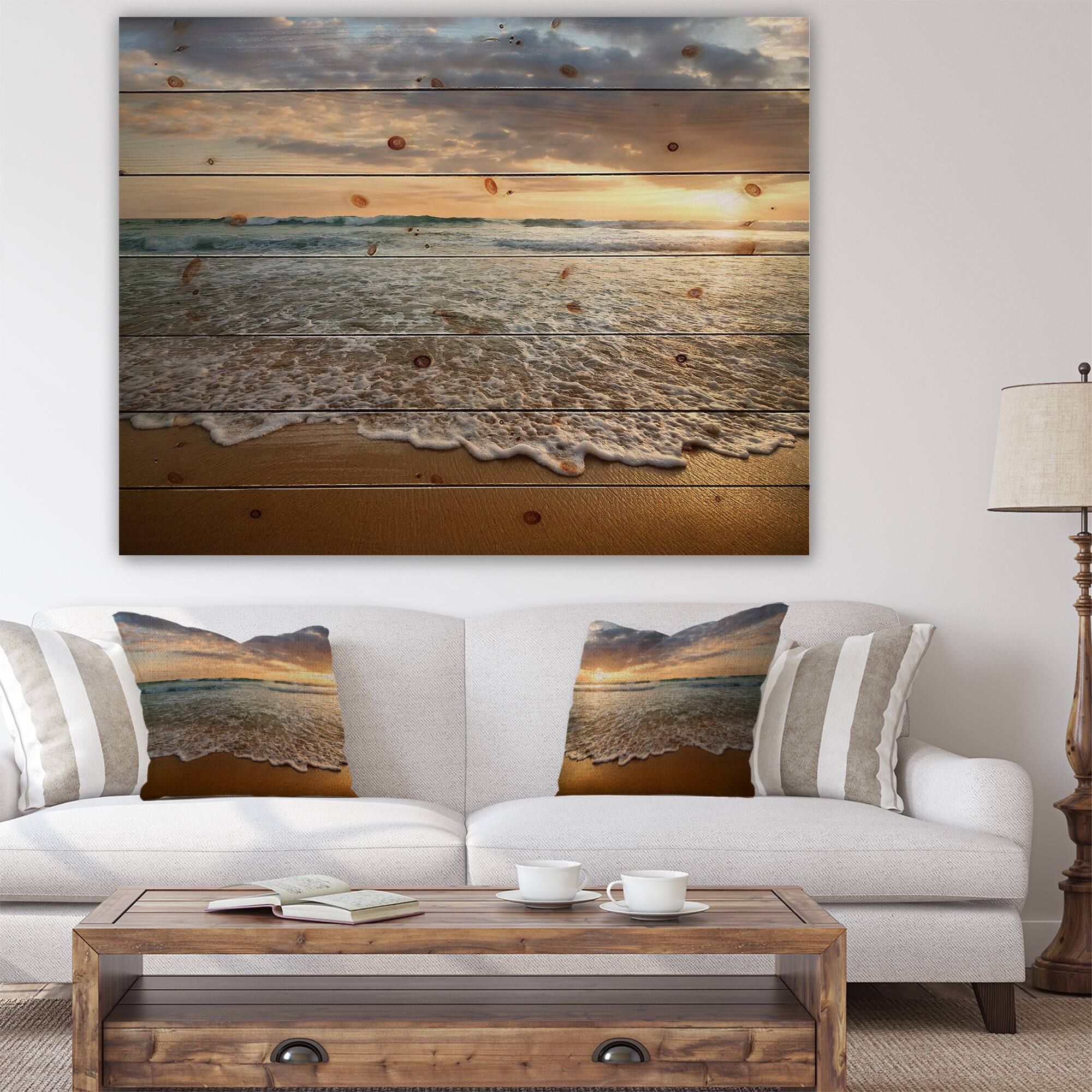 Designart - Bright Cloudy Sunset in Calm Ocean - Seashore Print on Natural Pine Wood