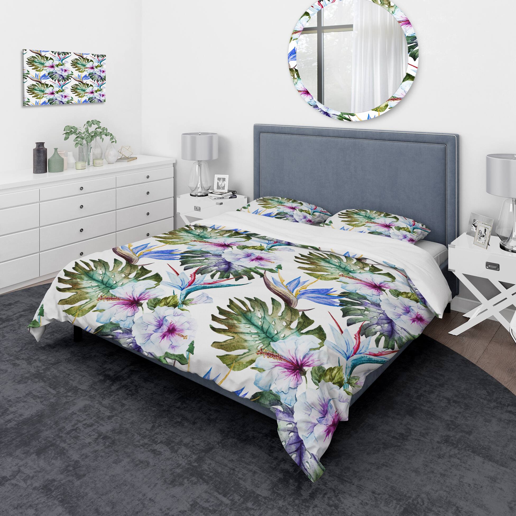 Designart 'Watercolor Hibiscus Patterns' Tropical Bedding Set - Duvet Cover & Shams