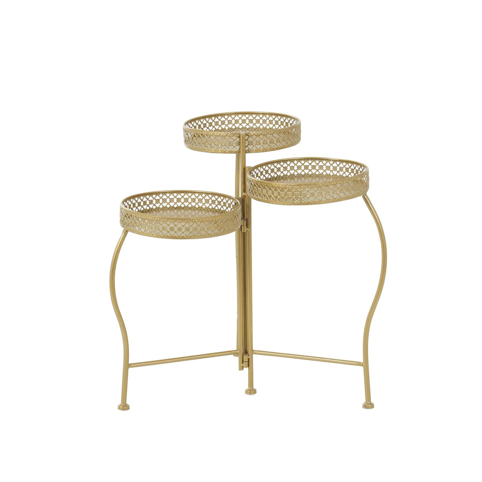 20" Gold Metal Curved Folding 3 Tier Plantstand with Floral & Scroll Patterns