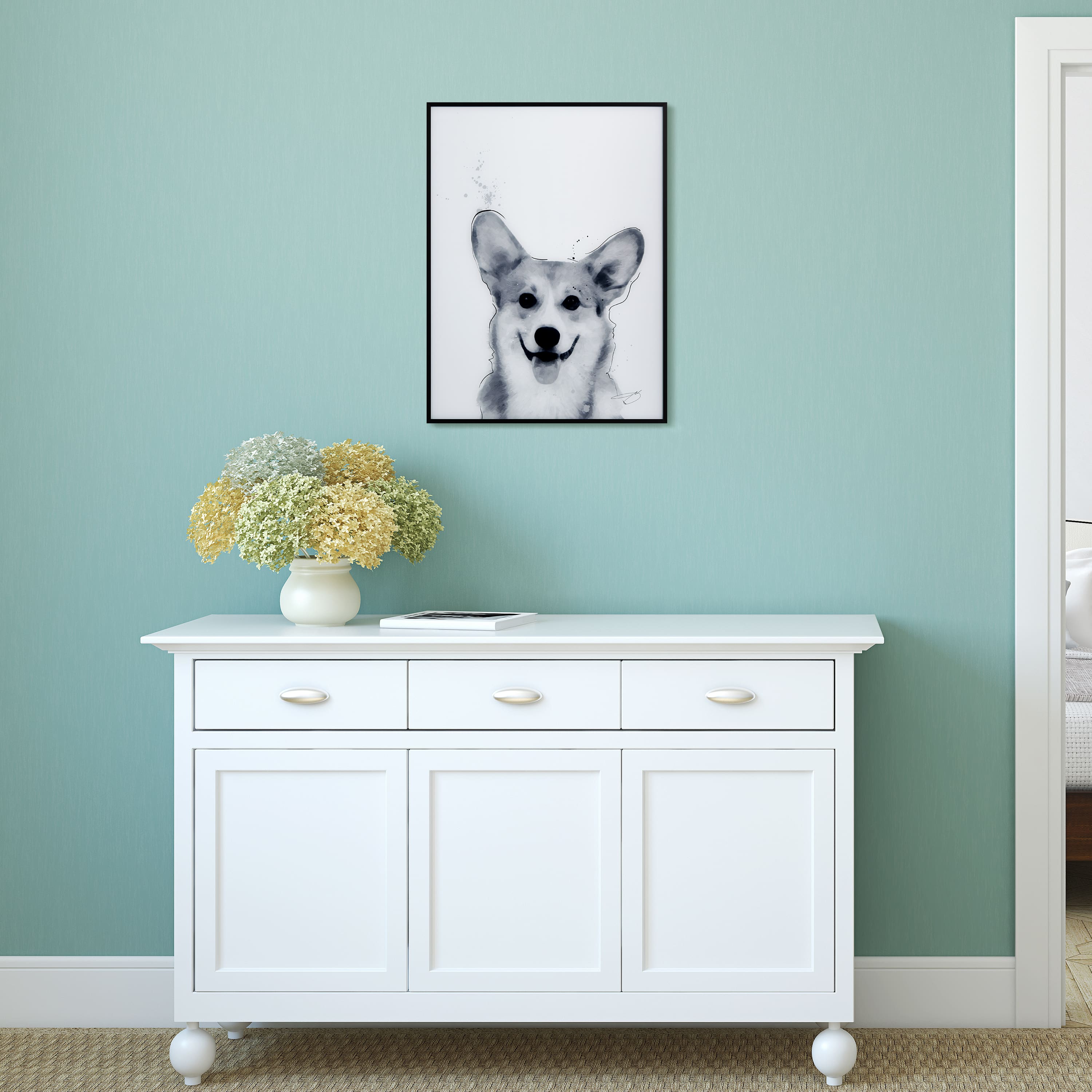Empire Art Direct 24" x 18" Corgi Black & White Pet Reverse Printed Wall Art Glass Frame