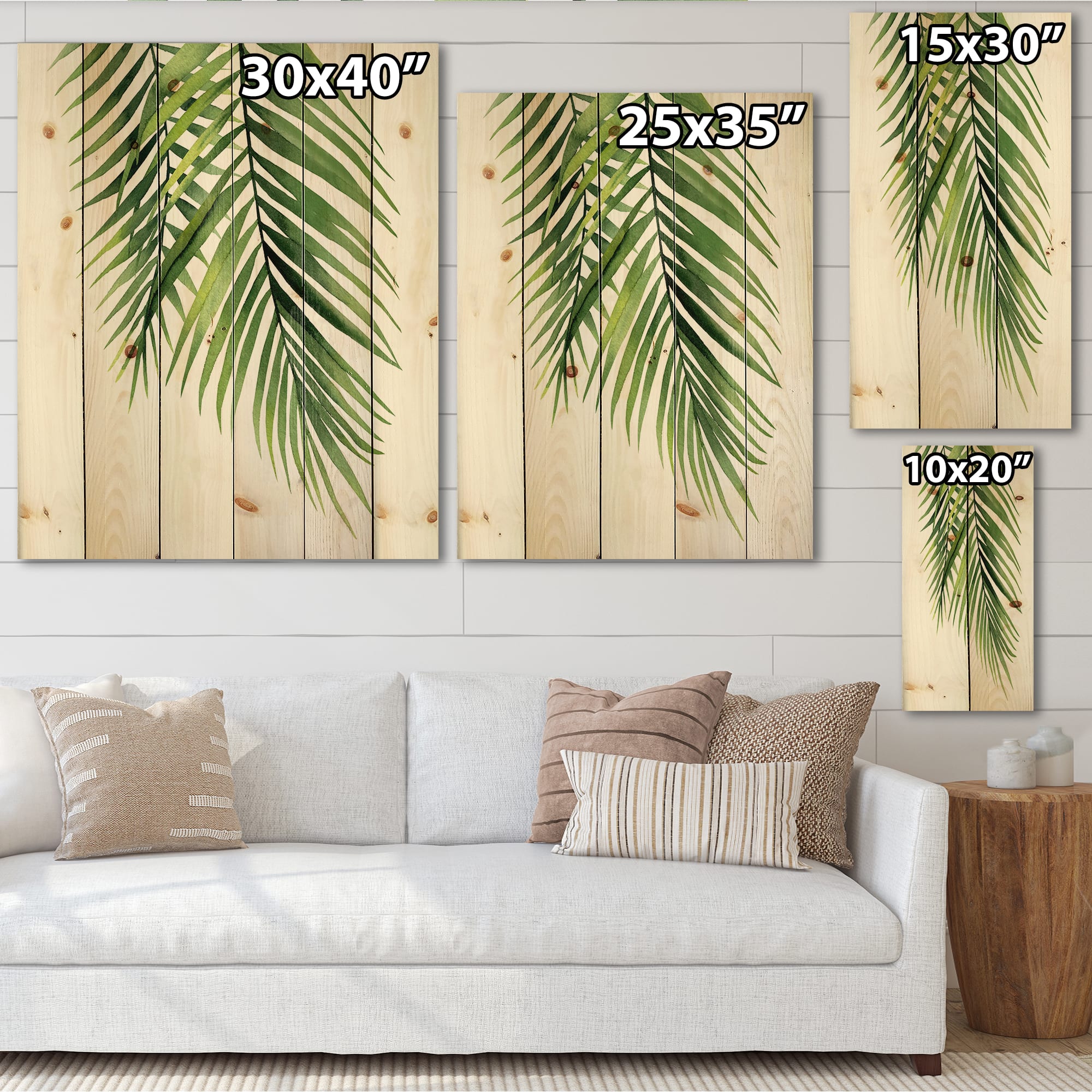Designart - Detail Tropical Palm Branches - Tropical Print on Natural Pine Wood