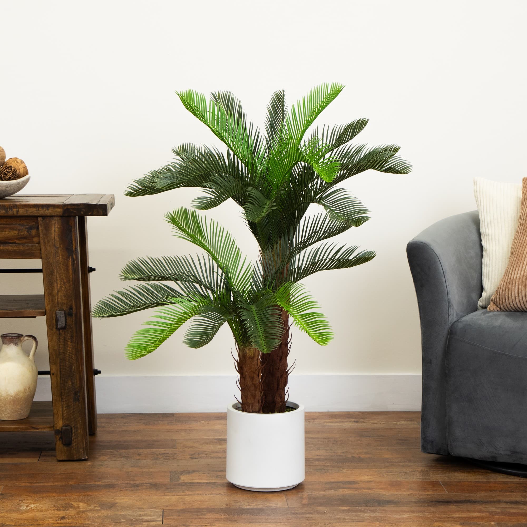 40in. UV Resistant Artificial Double Cycas Palm Tree in White Decorative Planter (Indoor/Outdoor)
