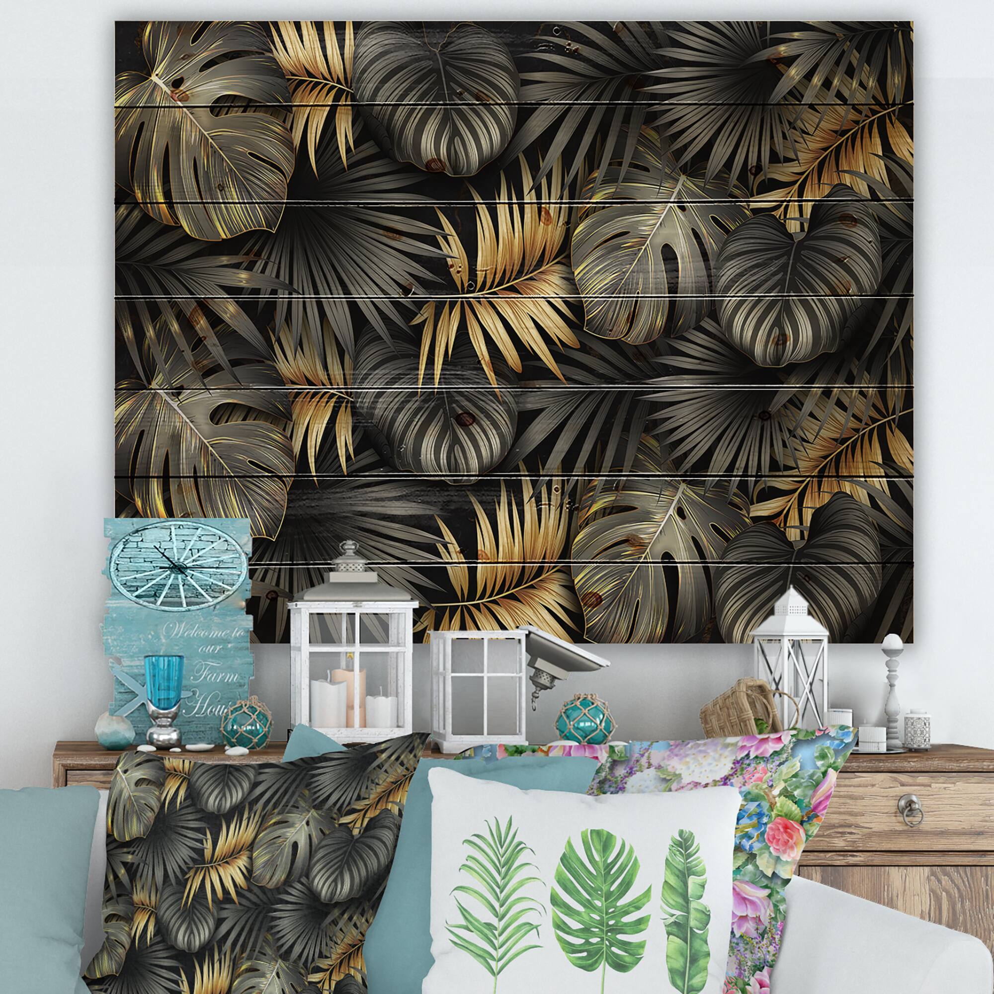 Designart - Black and Gold Tropical Leaves II - Modern Print on Natural Pine Wood
