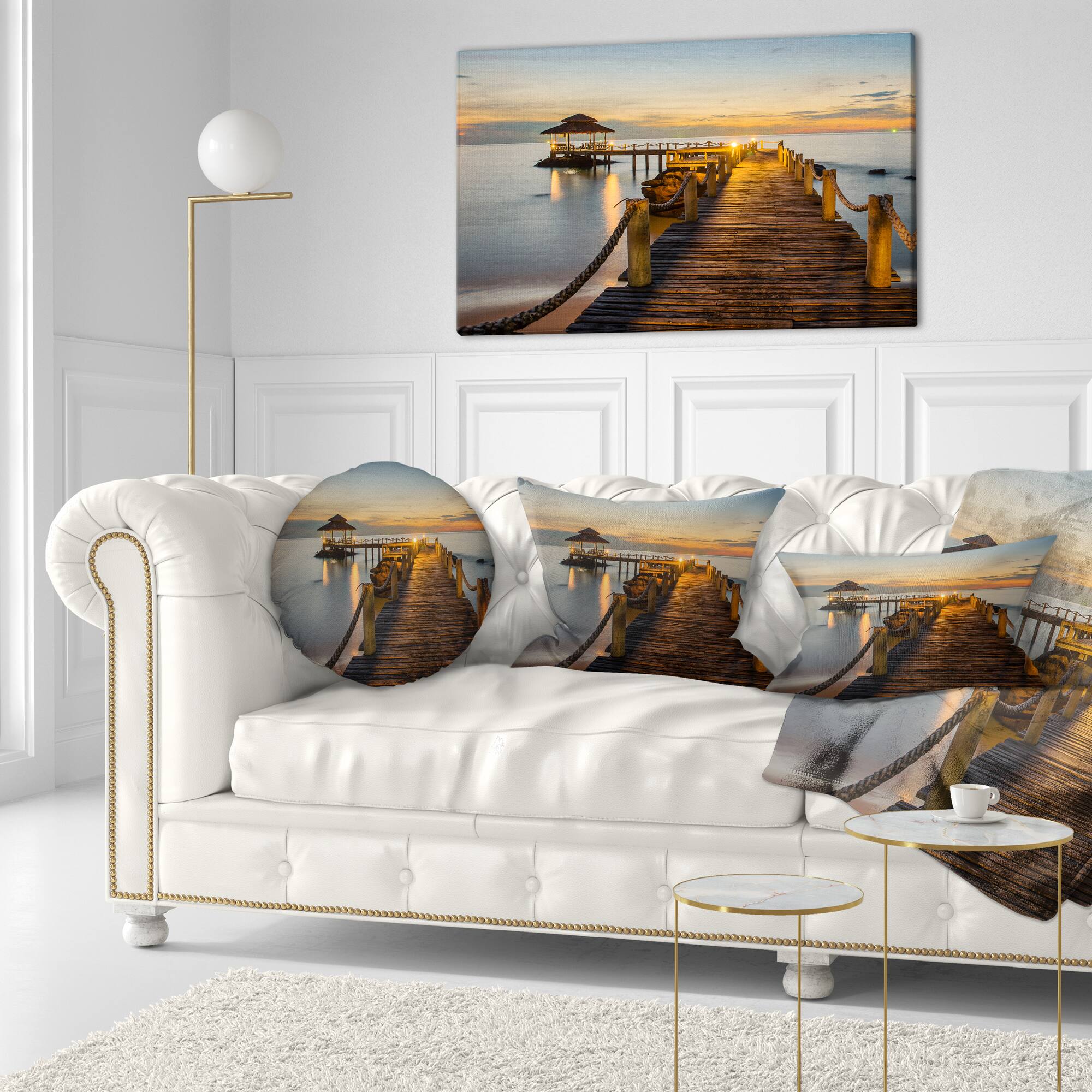 Designart - Brown Wooden Pier in Evening - Seashore Photo Canvas Print