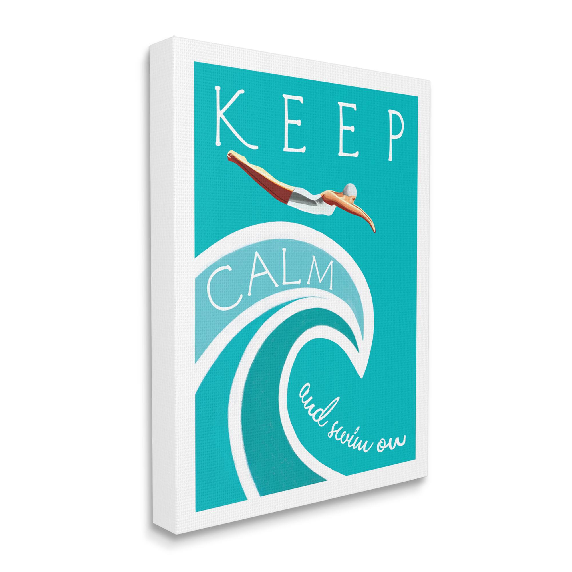 Stupell Industries Keep Calm Swim On Phrase Female Diver Blue Wave Canvas Wall Art