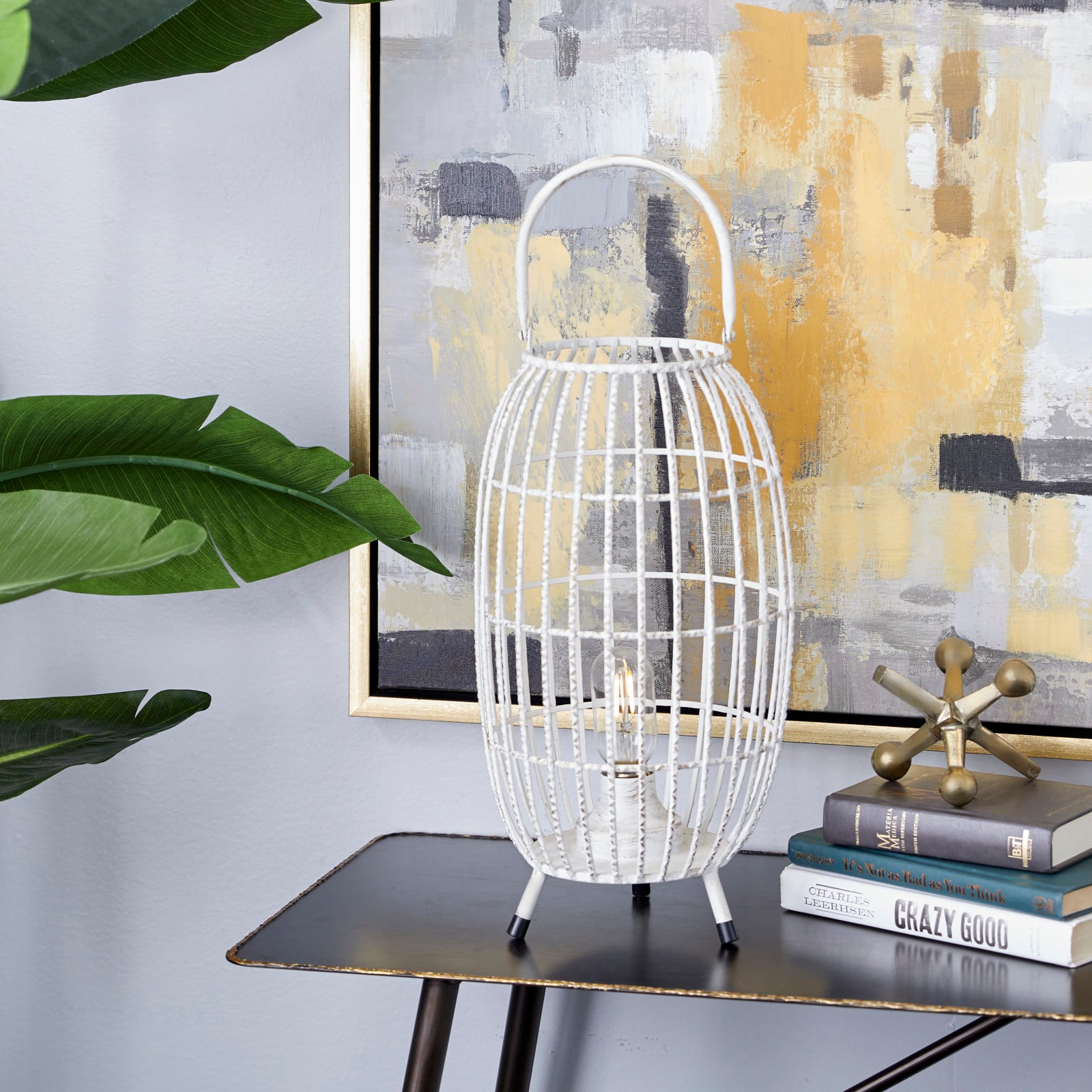 White Iron Modern Candle Holder Lantern, 16" x 9" x 9"