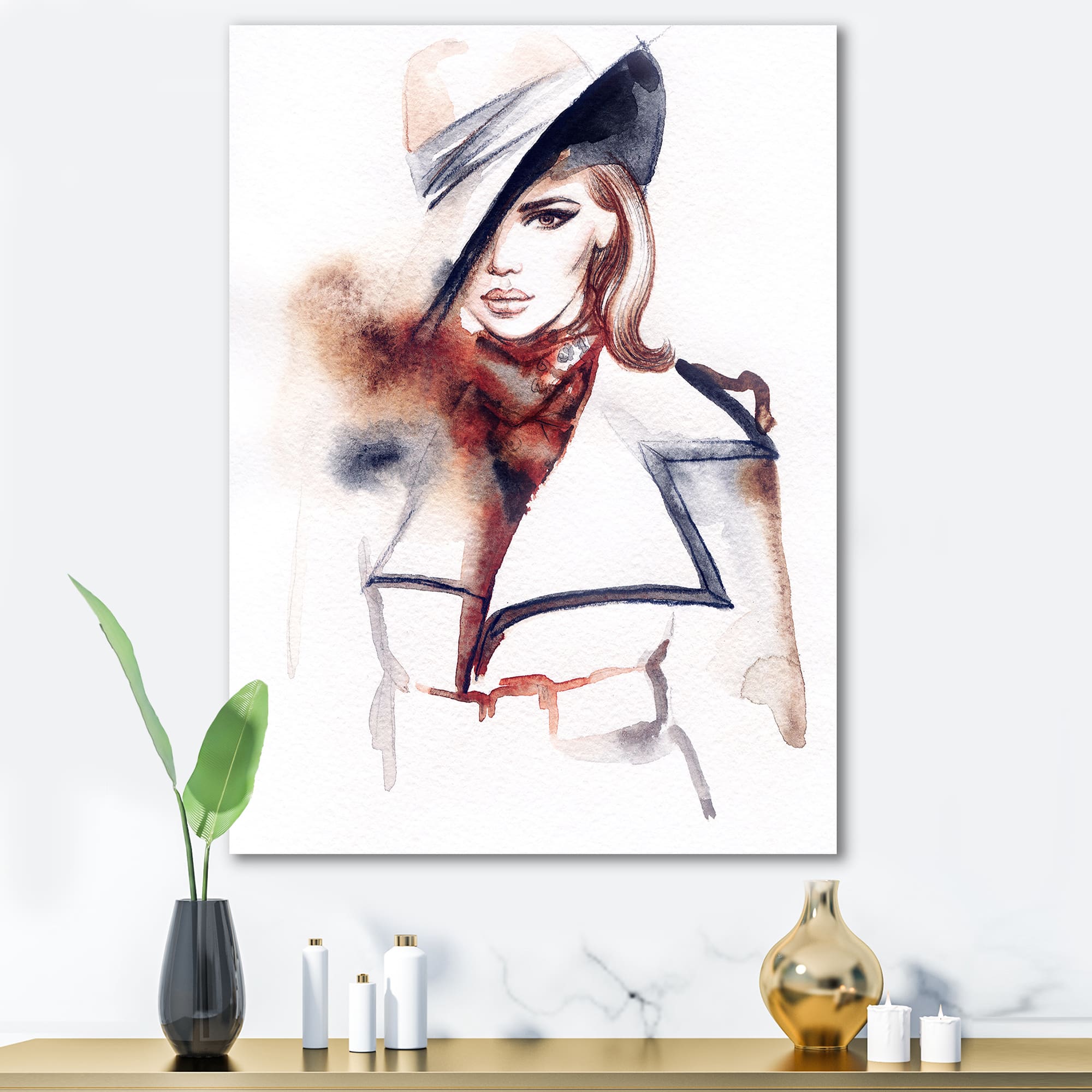 Designart - Fashion Portrait of Woman With Ht - Modern Canvas Wall Art Print