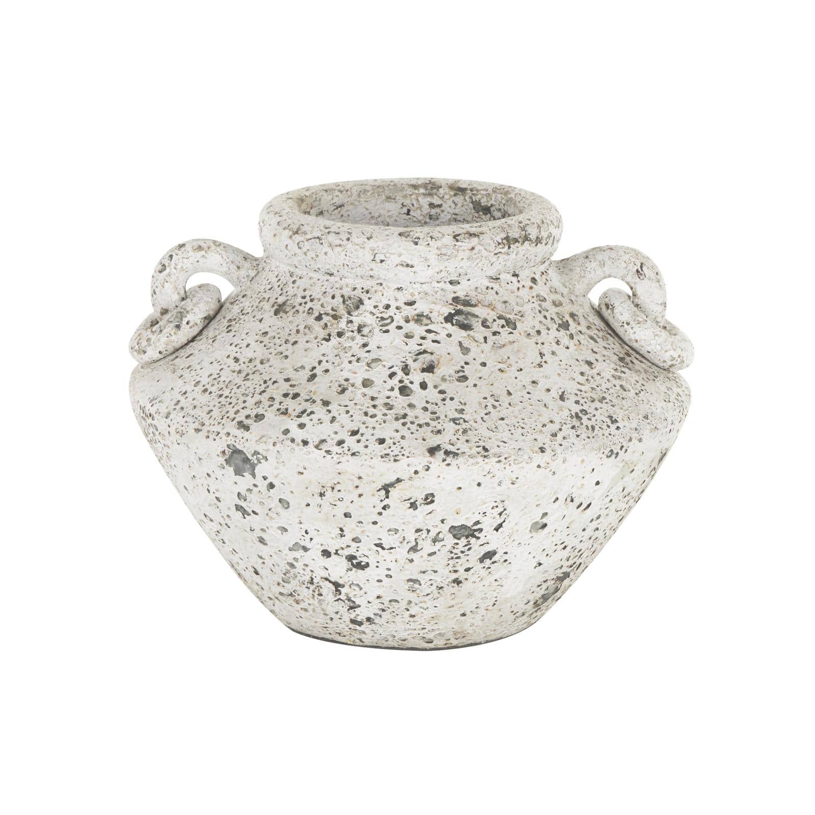 14" White Antique-Style Textured Ceramic Vase with Ring Handles