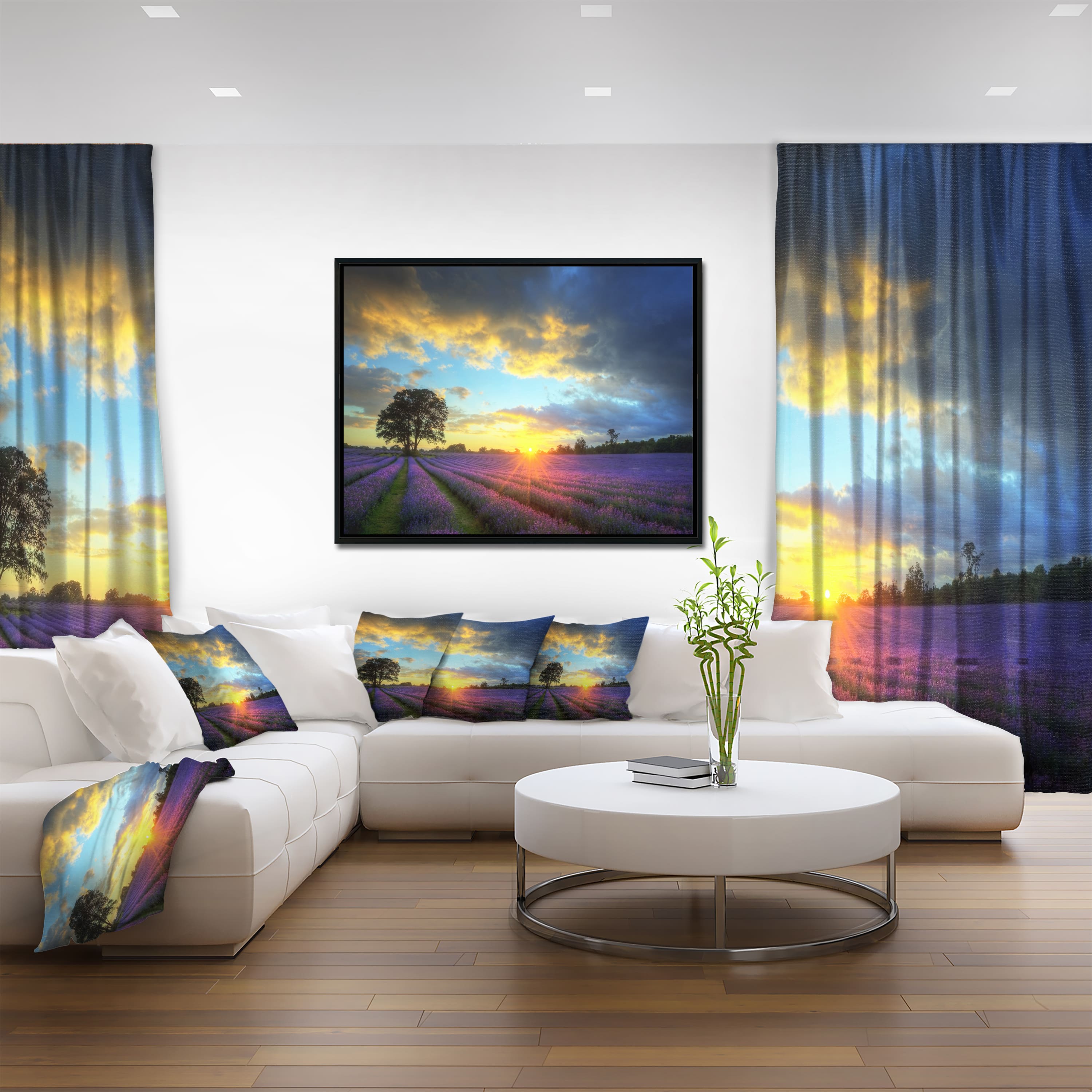 Designart - Stunning Sunset over Lavender Fields - Large Flower Canvas Wall Art in Black Frame