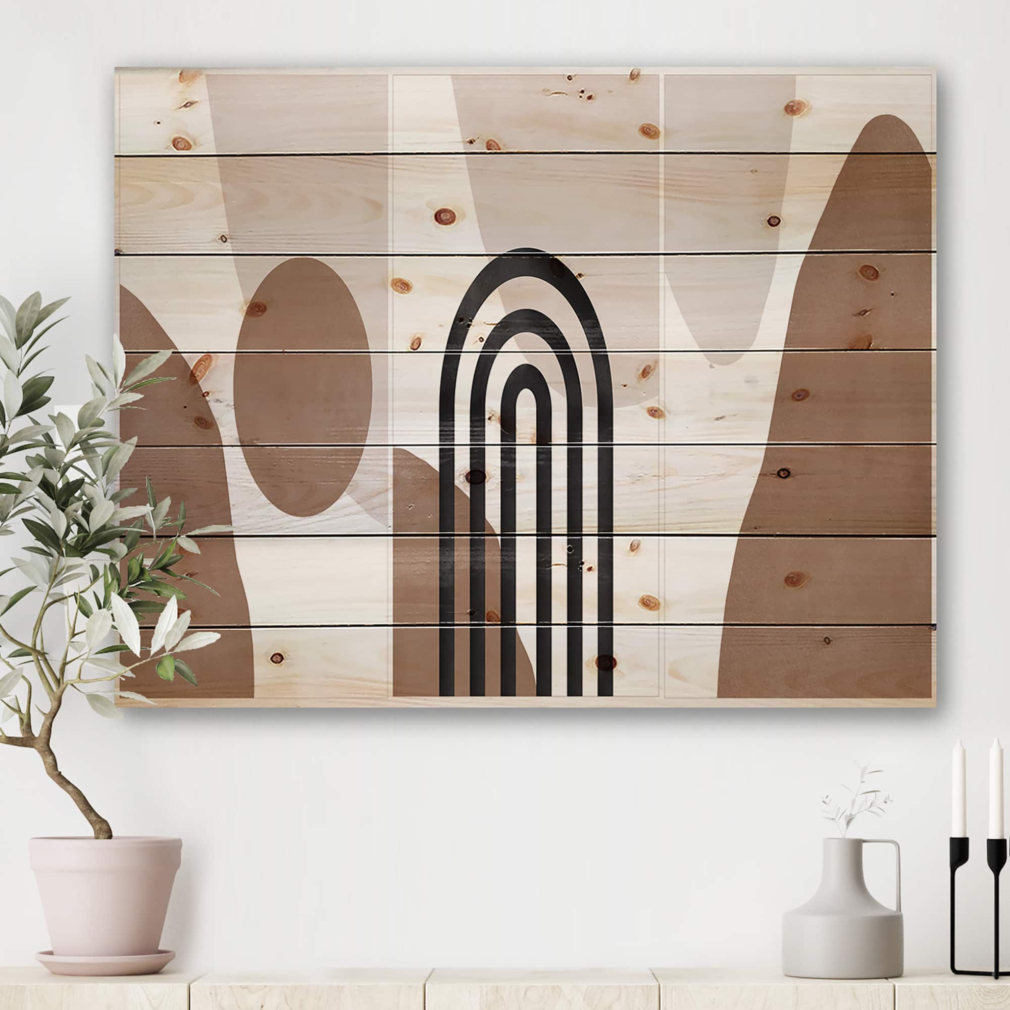 Designart - Abstract Shapes in Terracotta and Ivory Shapes II - Modern Print on Natural Pine Wood