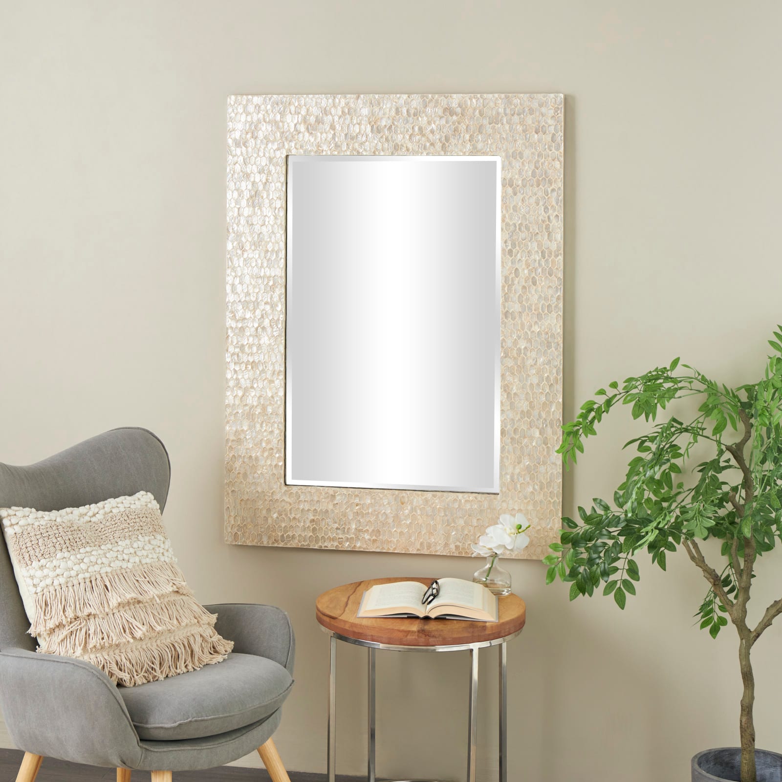 36" x 1" x 48" Cream Mother of Pearl Shell Handmade Mosaic Room Wall Mirror