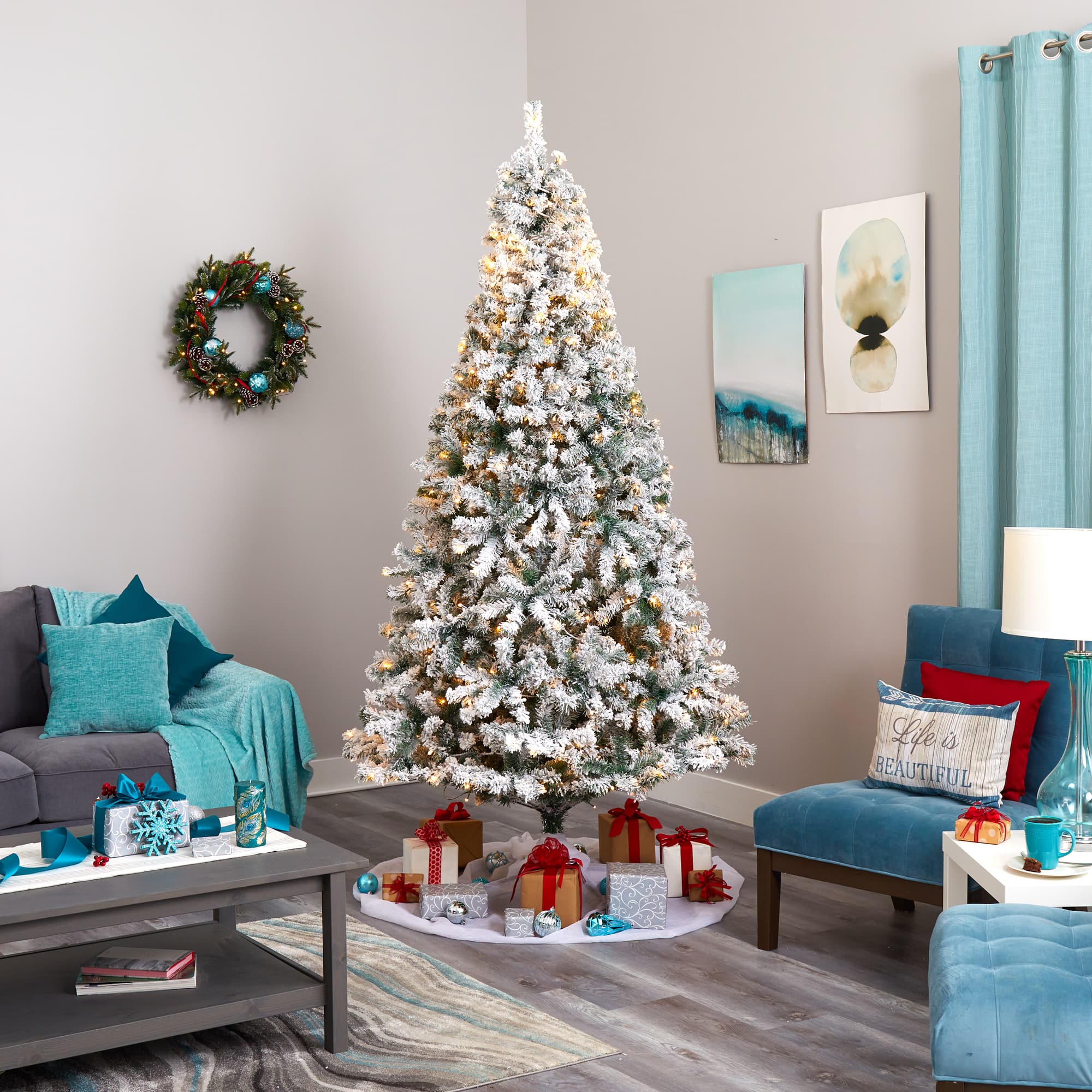 8ft. Pre-Lit Flocked Rock Springs Spruce Artificial Christmas Tree with Clear LED Lights