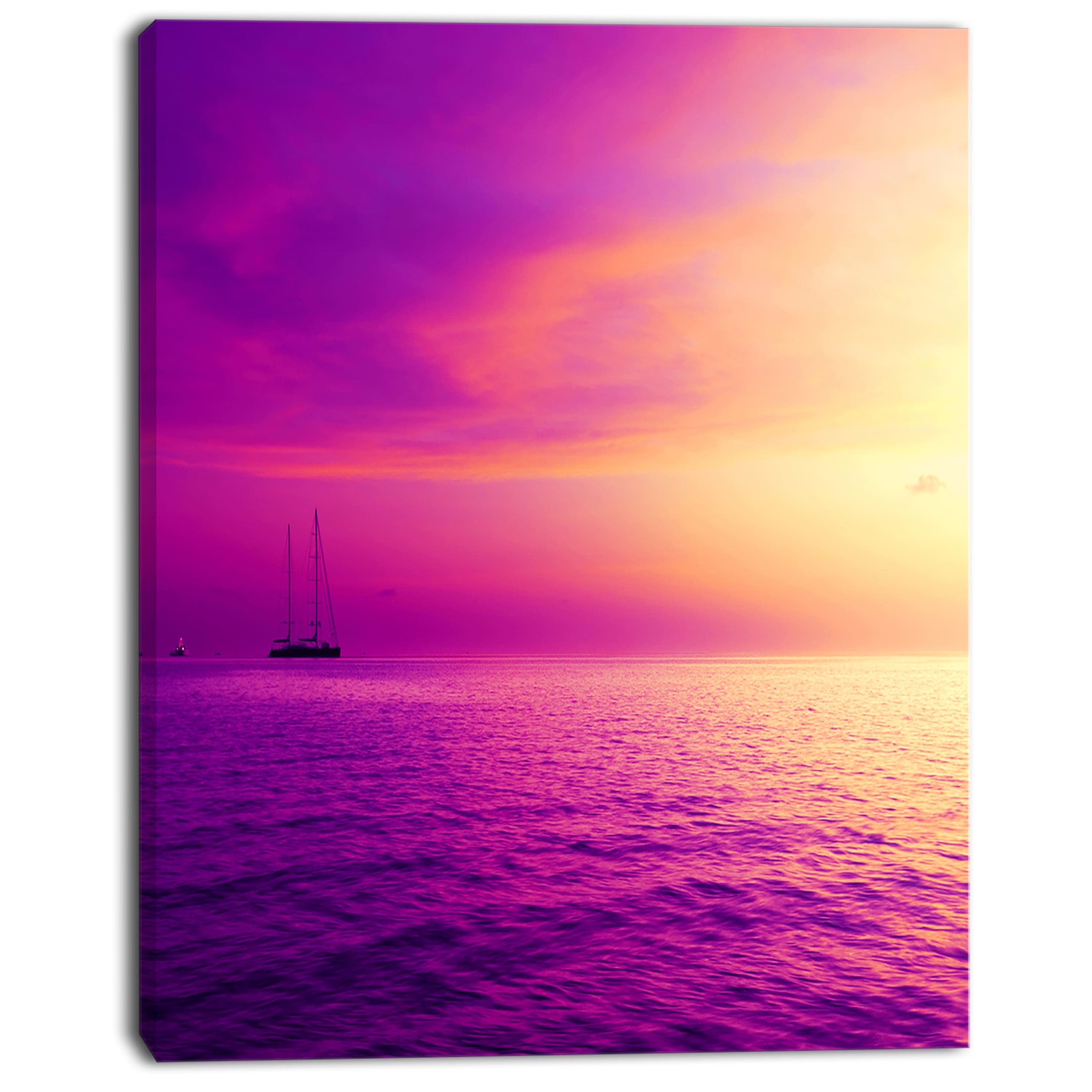 Designart - Purple Sea in Maldives At Sunset - Large Seashore Canvas Print