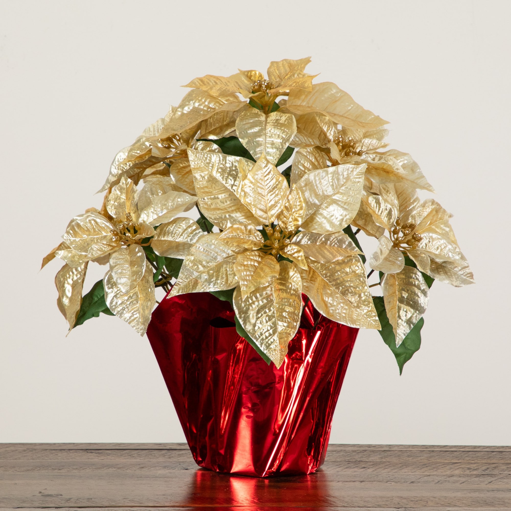 Nearly Natural 18" Gold Lush Velvet Artificial Poinsettia Arrangement in Red Wrapped Planter