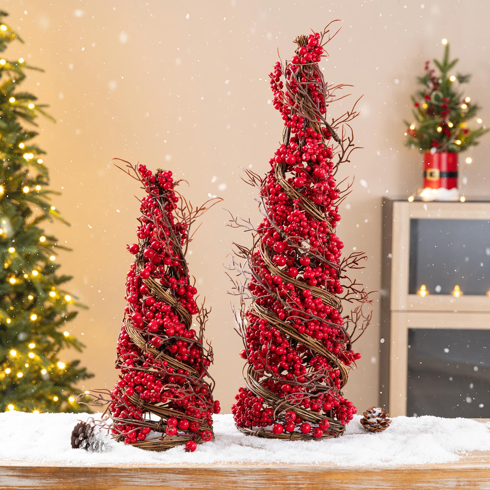 Glitzhome® Set of 2 24"/16" Christmas Red Berry Rattan Table Tree