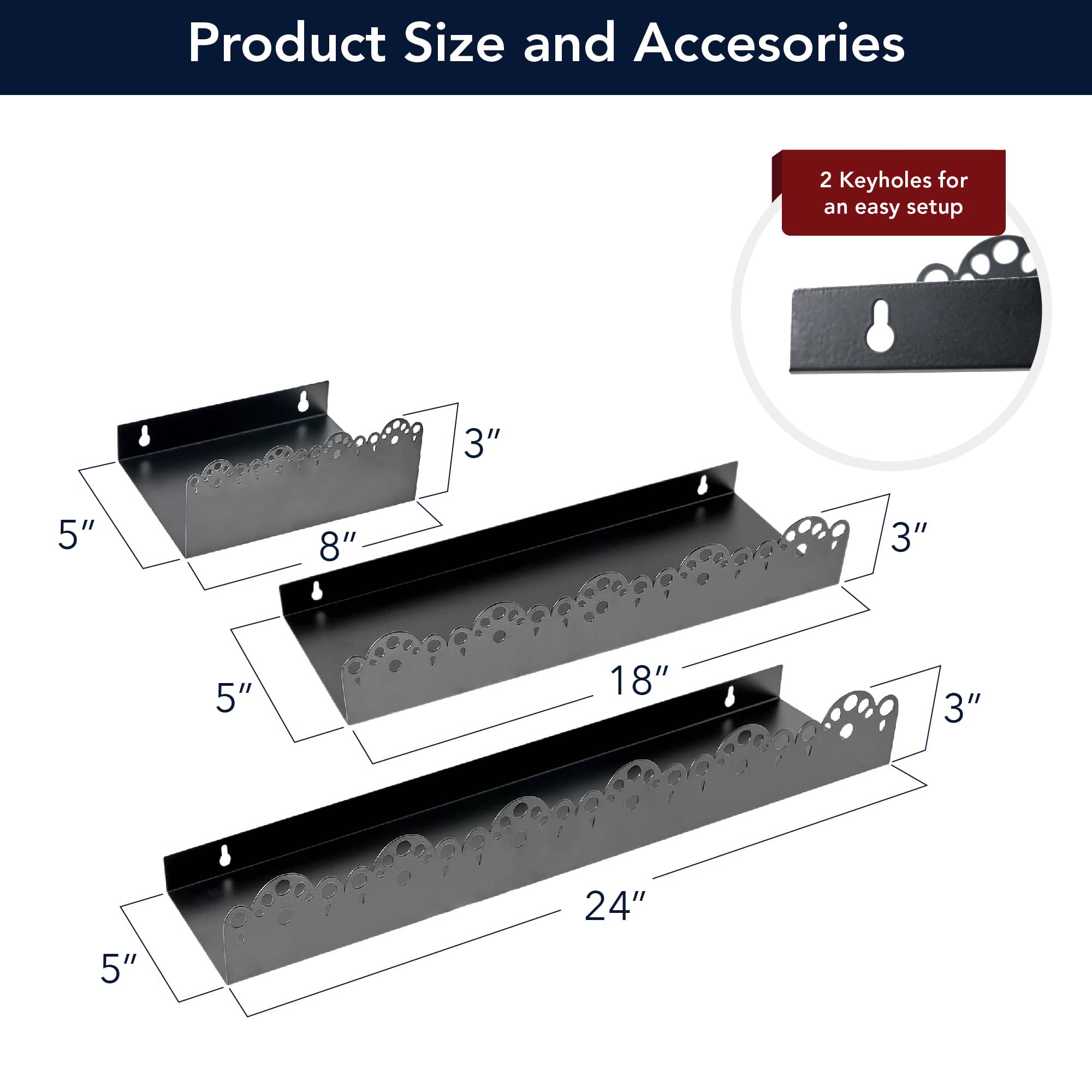 American Art Decor Scallop Metal Floating Shelves, 3pc Picture Ledge Set, Black - 3" x 5" x 24"