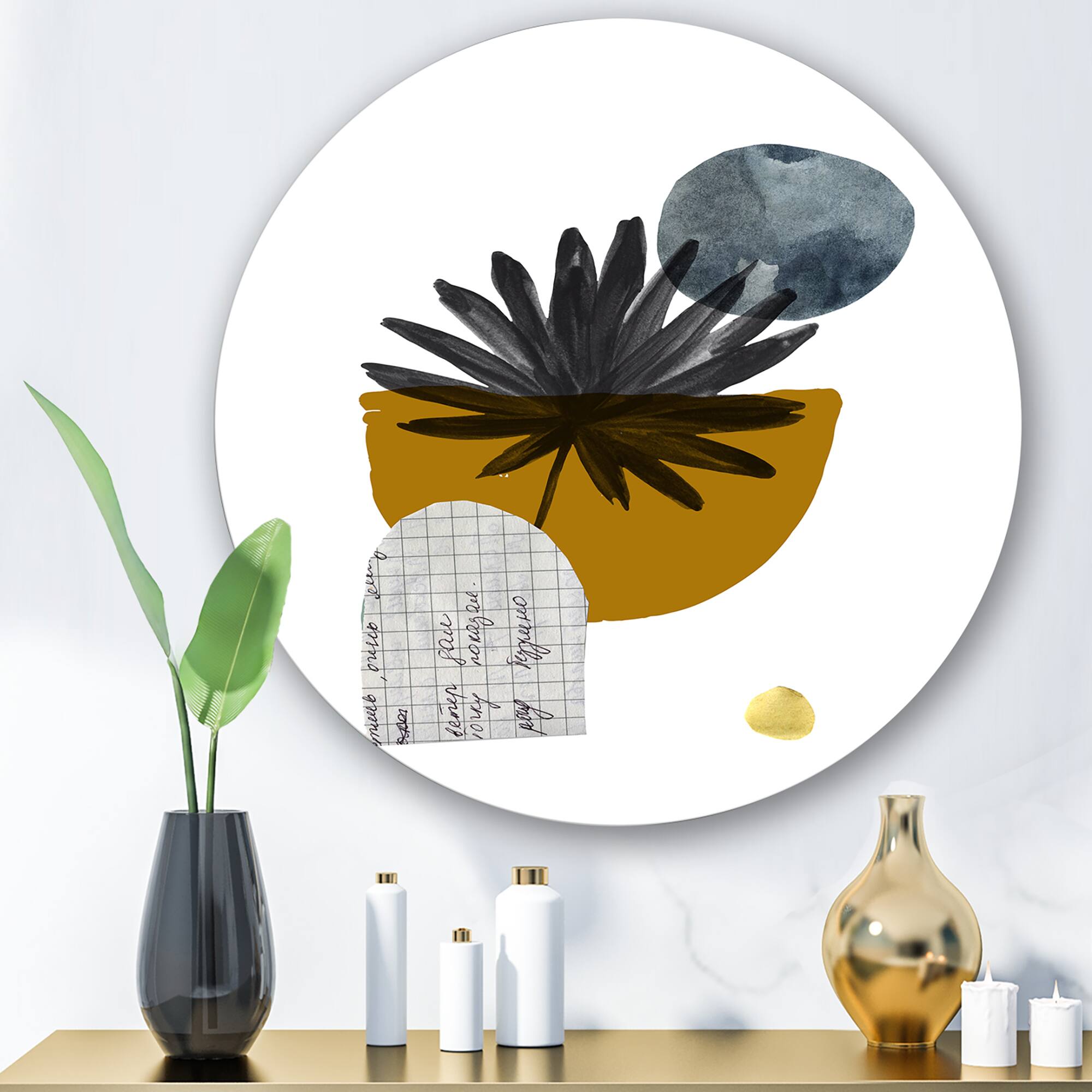 Designart - Tropical Palm Leaf & Abstract Geometry Shapes I - Modern Metal Circle Wall Art
