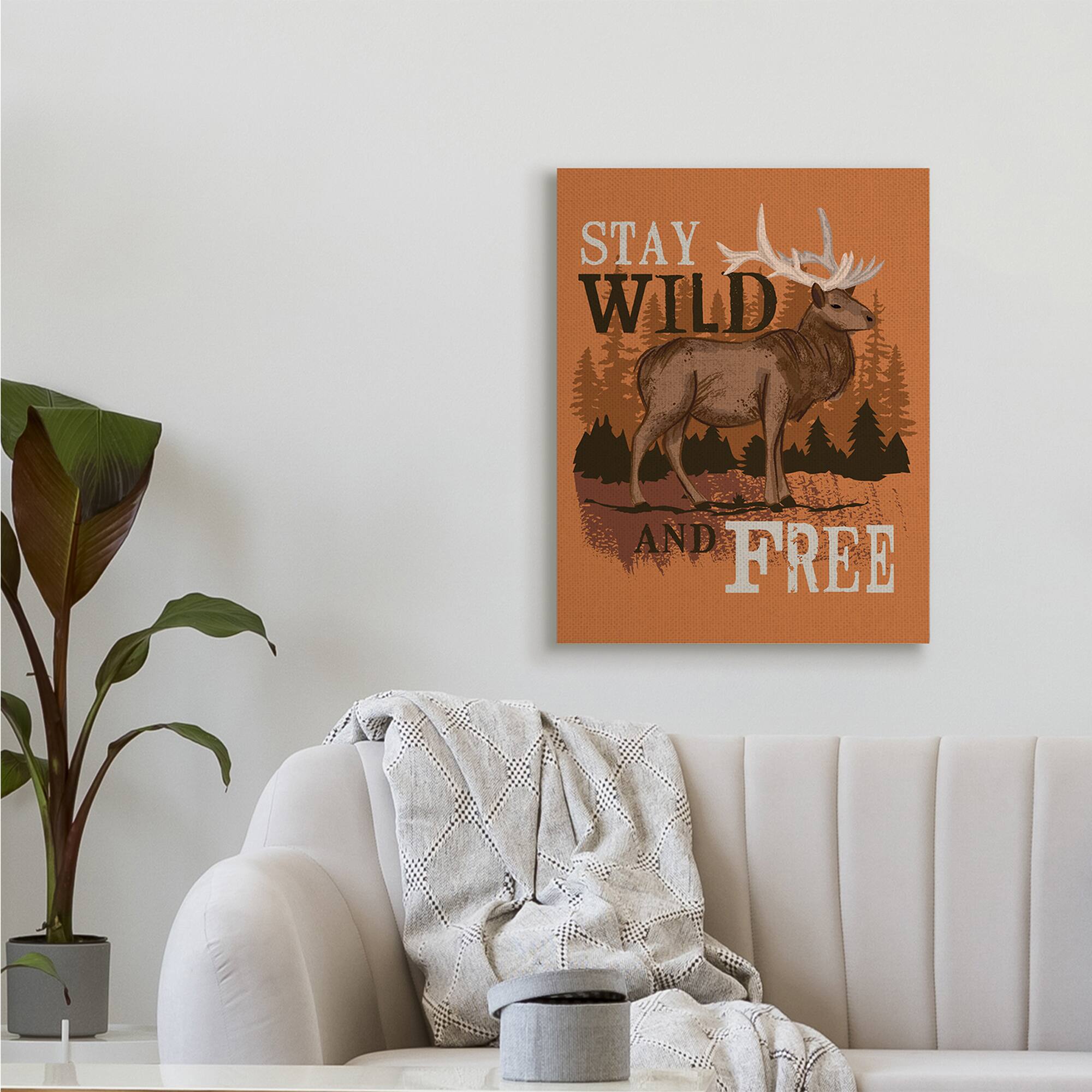 Stupell Industries Stay Wild and Free Phrase Forest Elk Landscape Canvas Wall Art