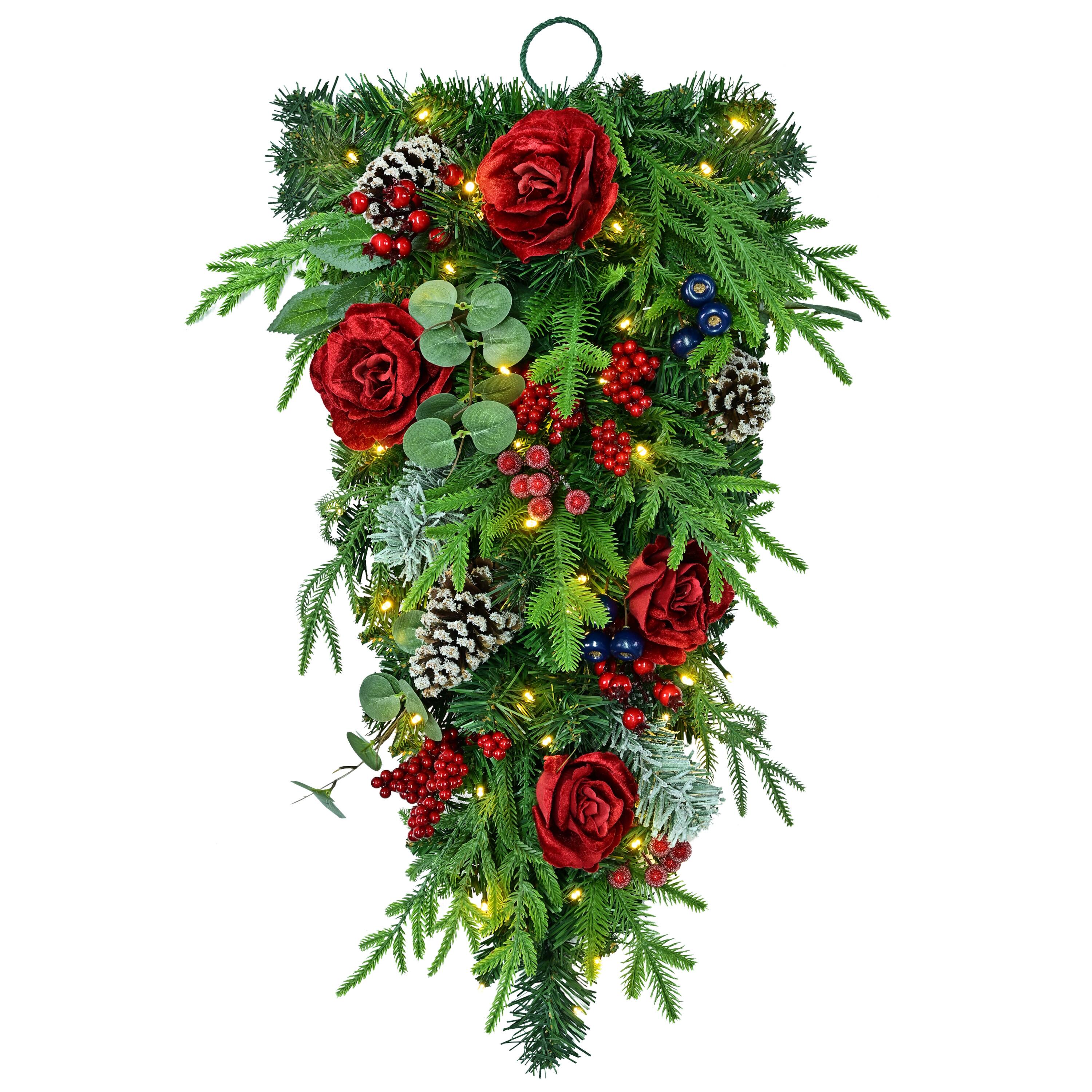 Puleo International 28" Pre-Lit Roses, Pinecones & Leaves Artificial Teardrop Swag
