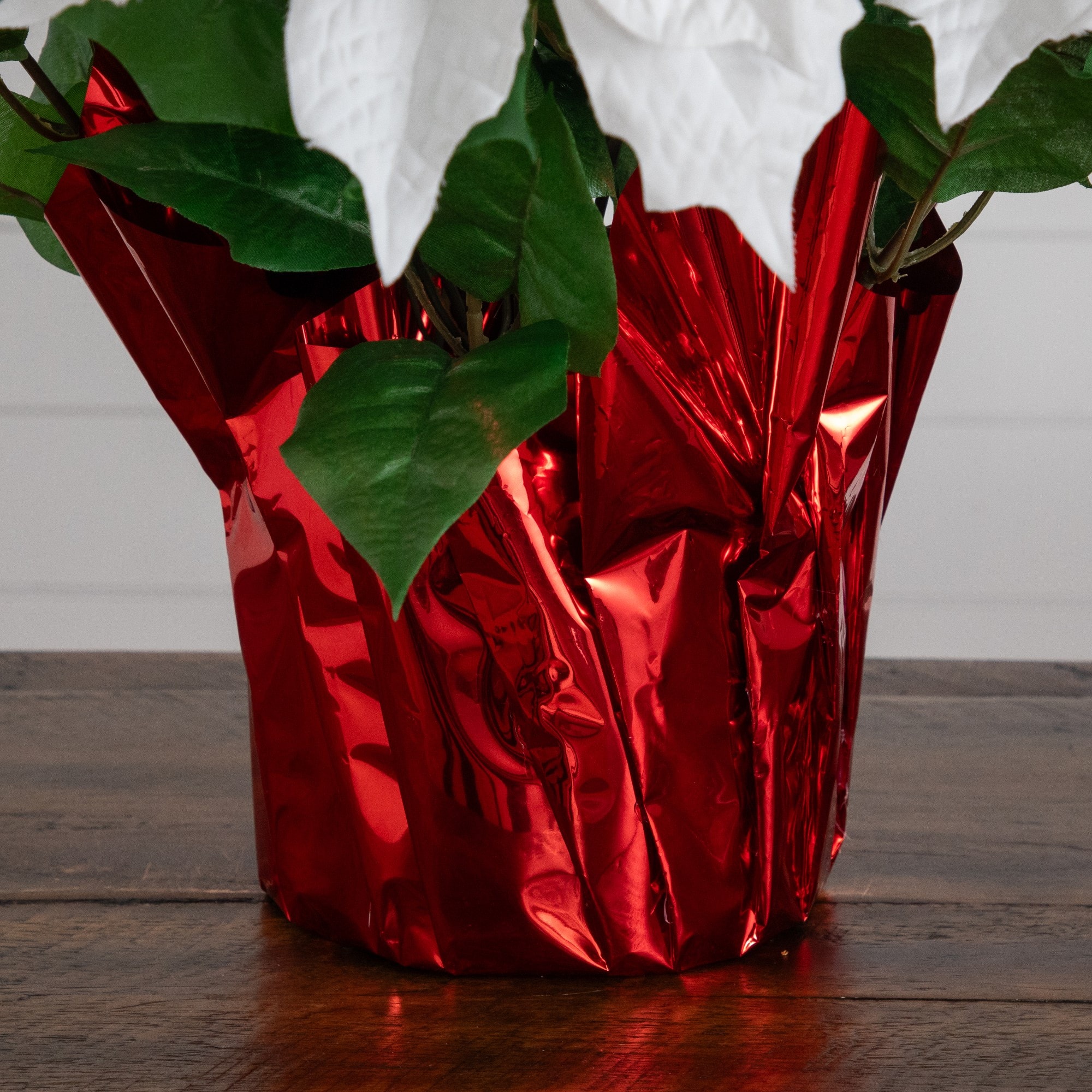 Nearly Natural 19" White Lush Poinsettia in Red Wrapped Artificial Planter