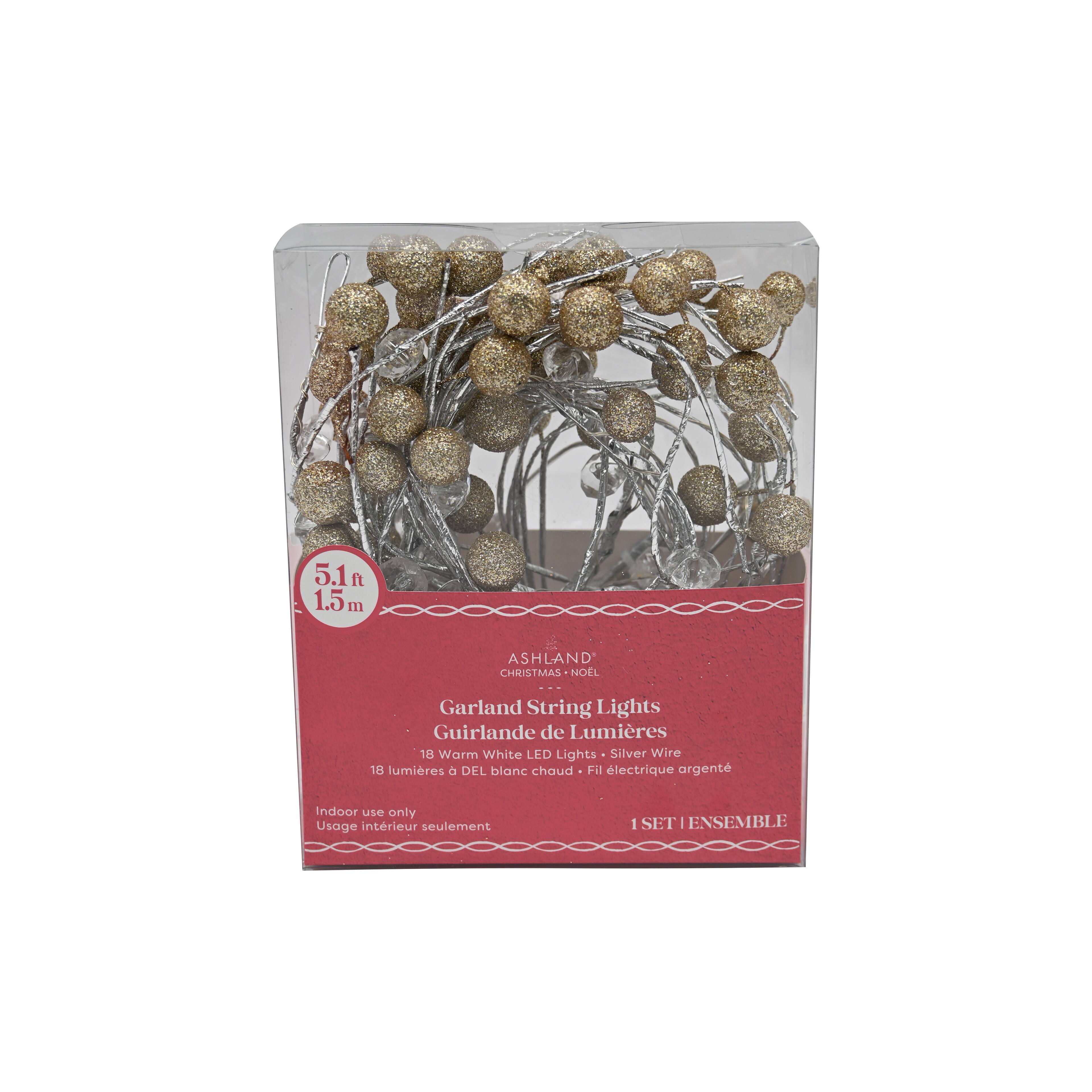 18ct. Warm White LED Gold Glitter & Crystal Bead Garland String Lights on Silver Wire by Ashland®