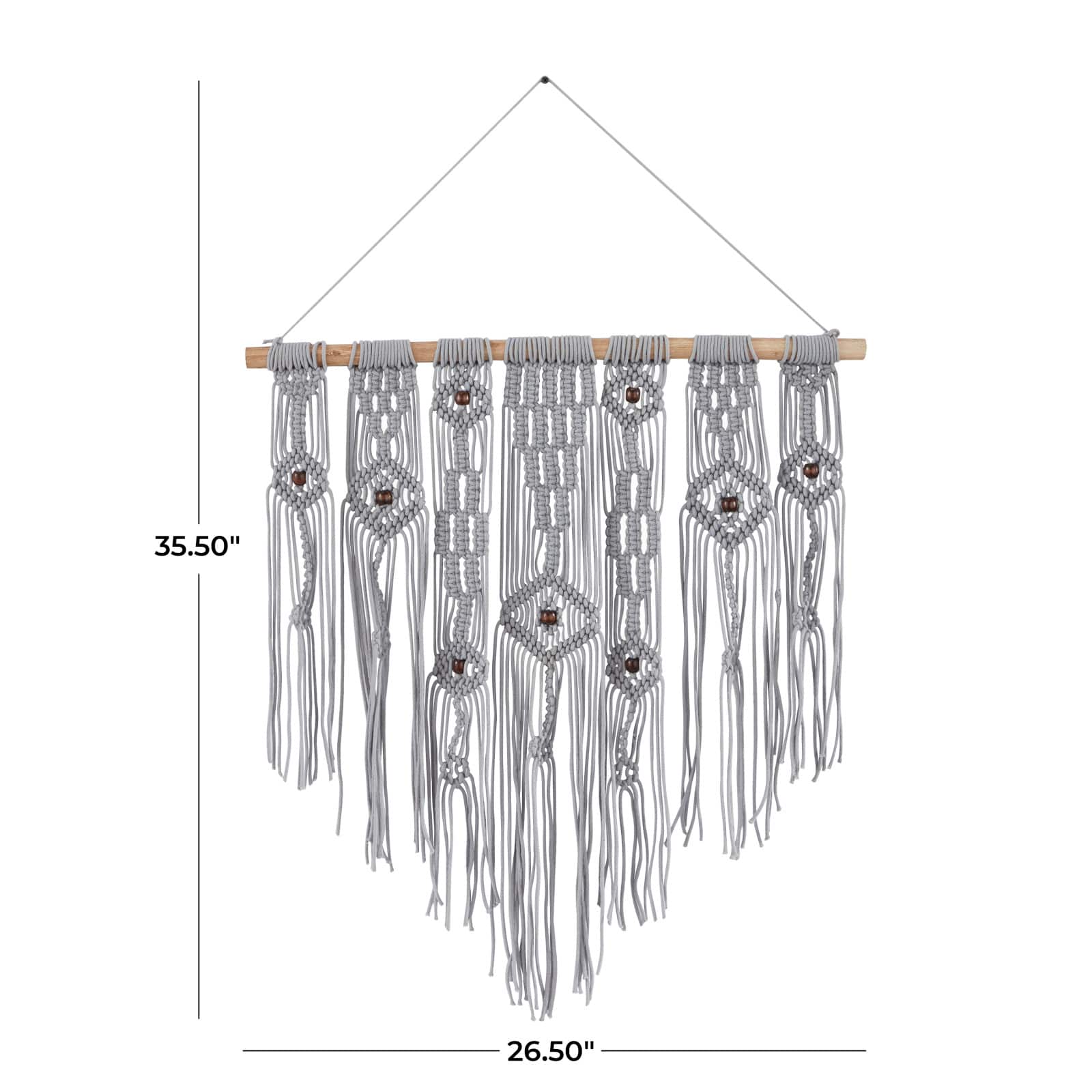 Gray Cotton Intricately Weaved Macrame Wall Decor with Beaded Fringe Tassels 27" x 1" x 36"