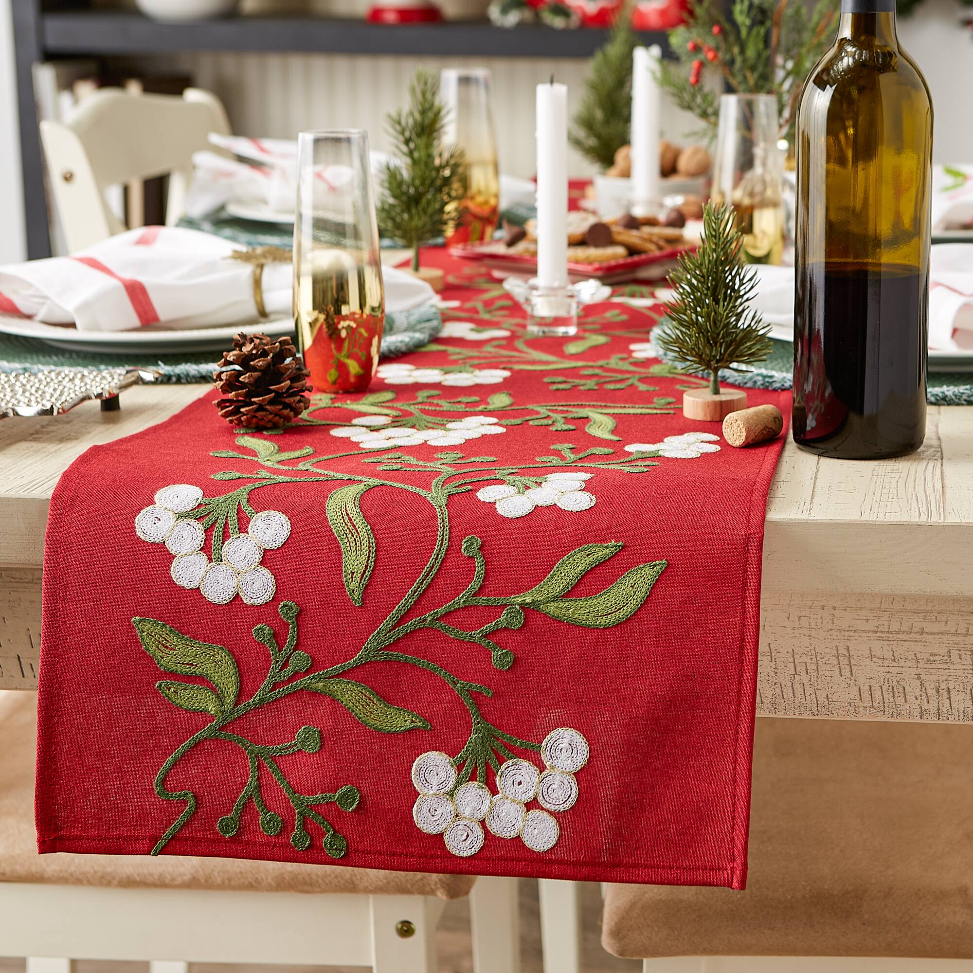 DII® 70" Red Mistletoe Embroidered Table Runner