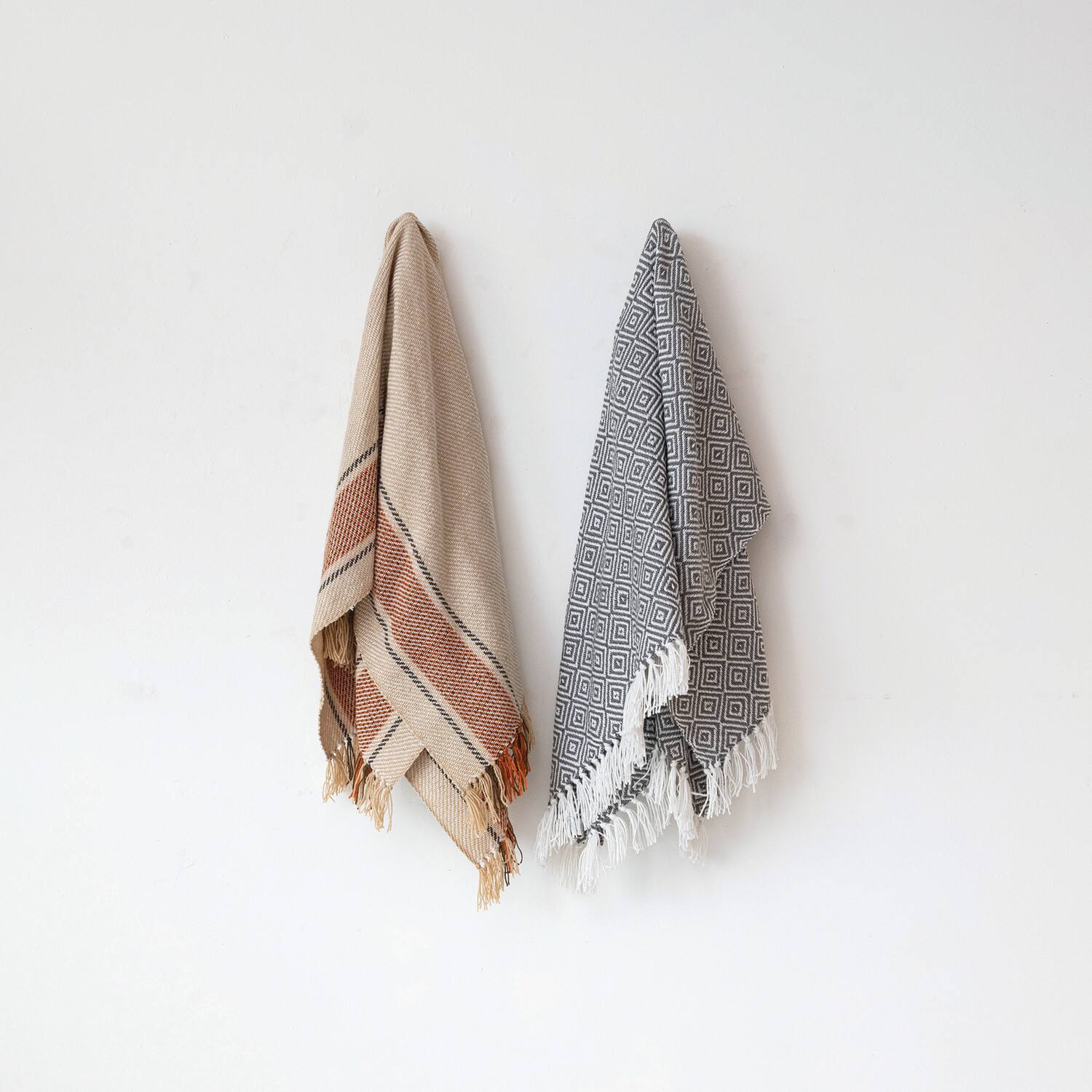 Hello Honey® Charcoal & Cream Geometric Hand-Woven Reclaimed Fabric Throw with Fringe