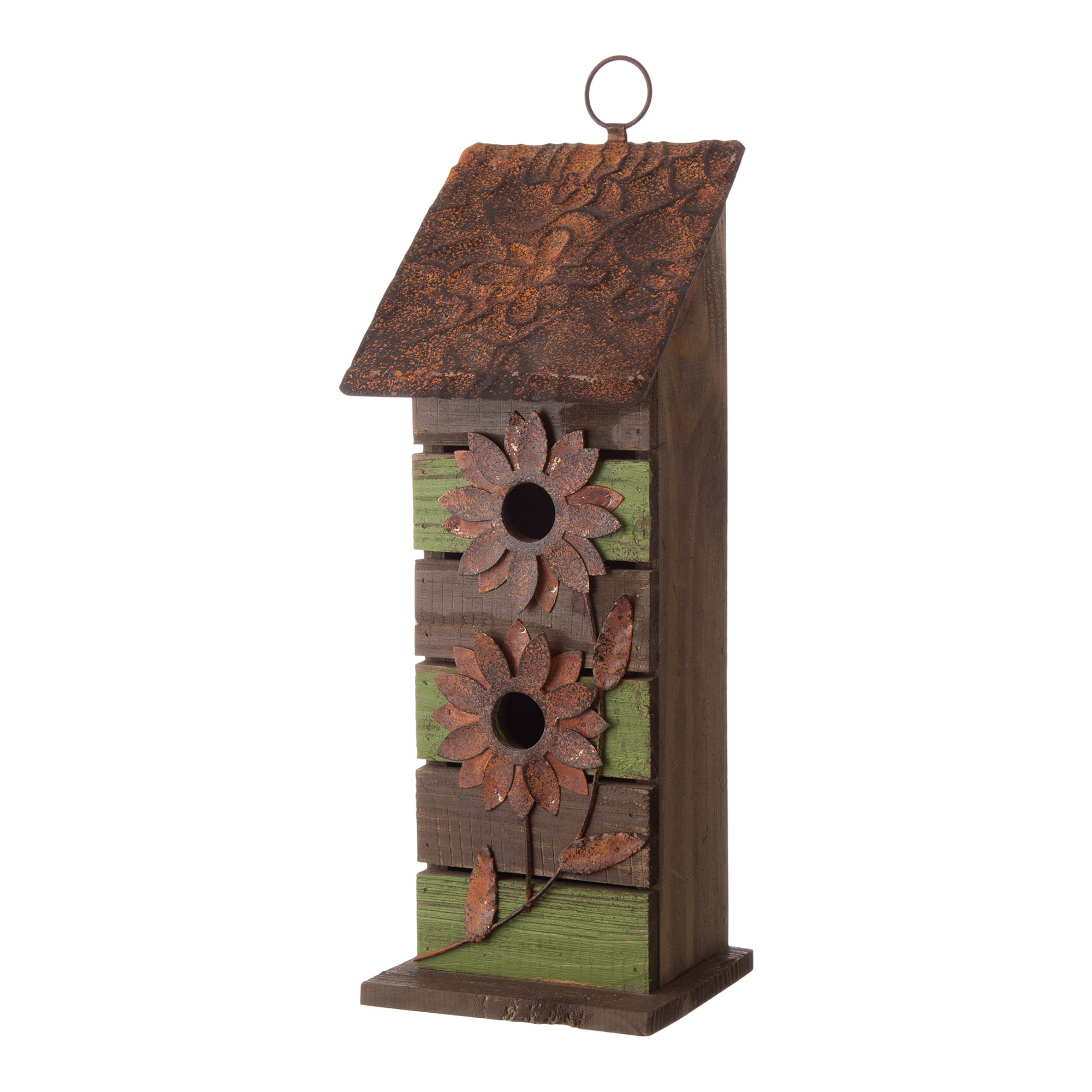 Glitzhome® Hanging 2-Tiered Distressed Wood Bird House with Flowers