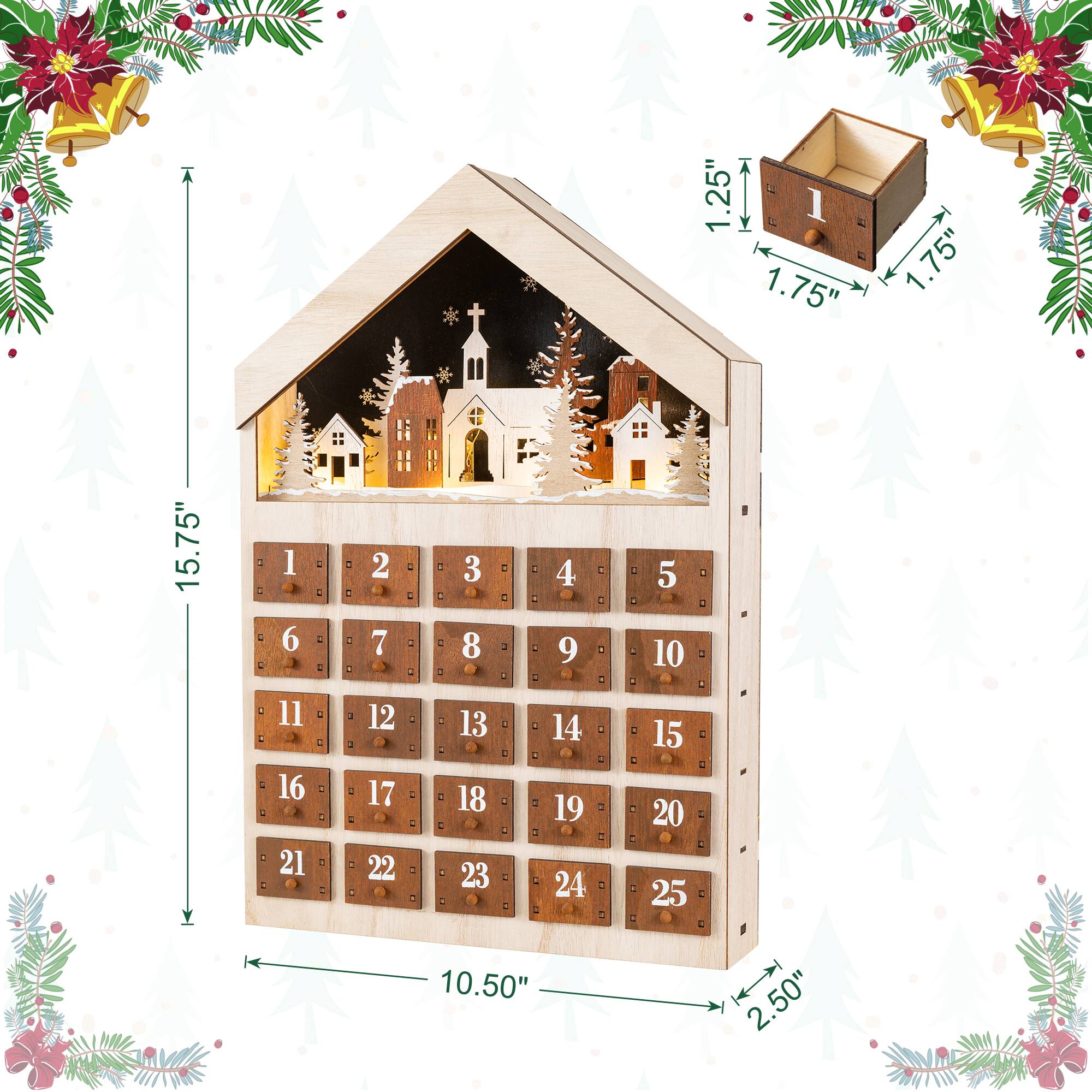 Glitzhome® 15.75" Lighted Wooden Christmas Village Advent Calendar Decor