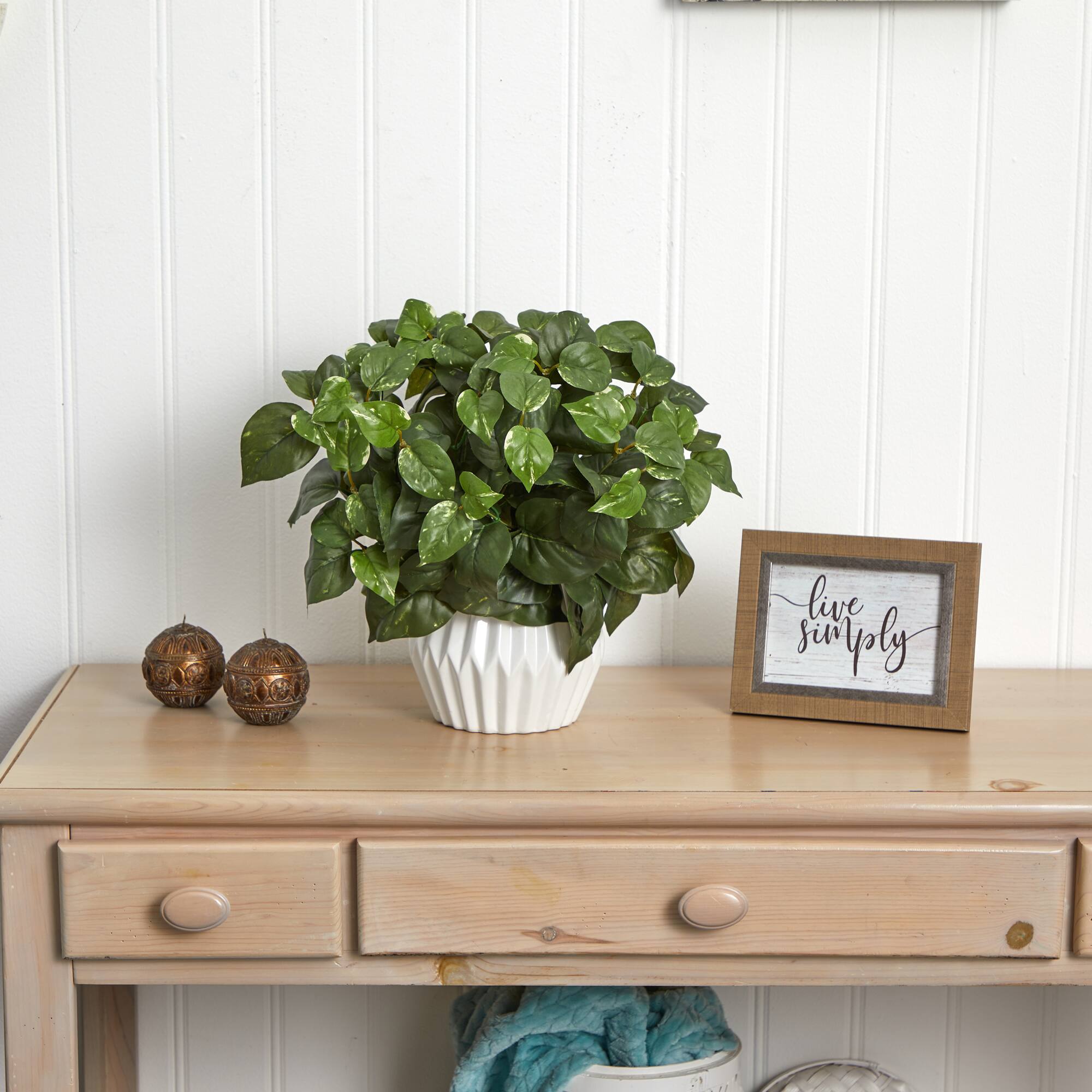 16in. Pothos Plant in White Ceramic Vase