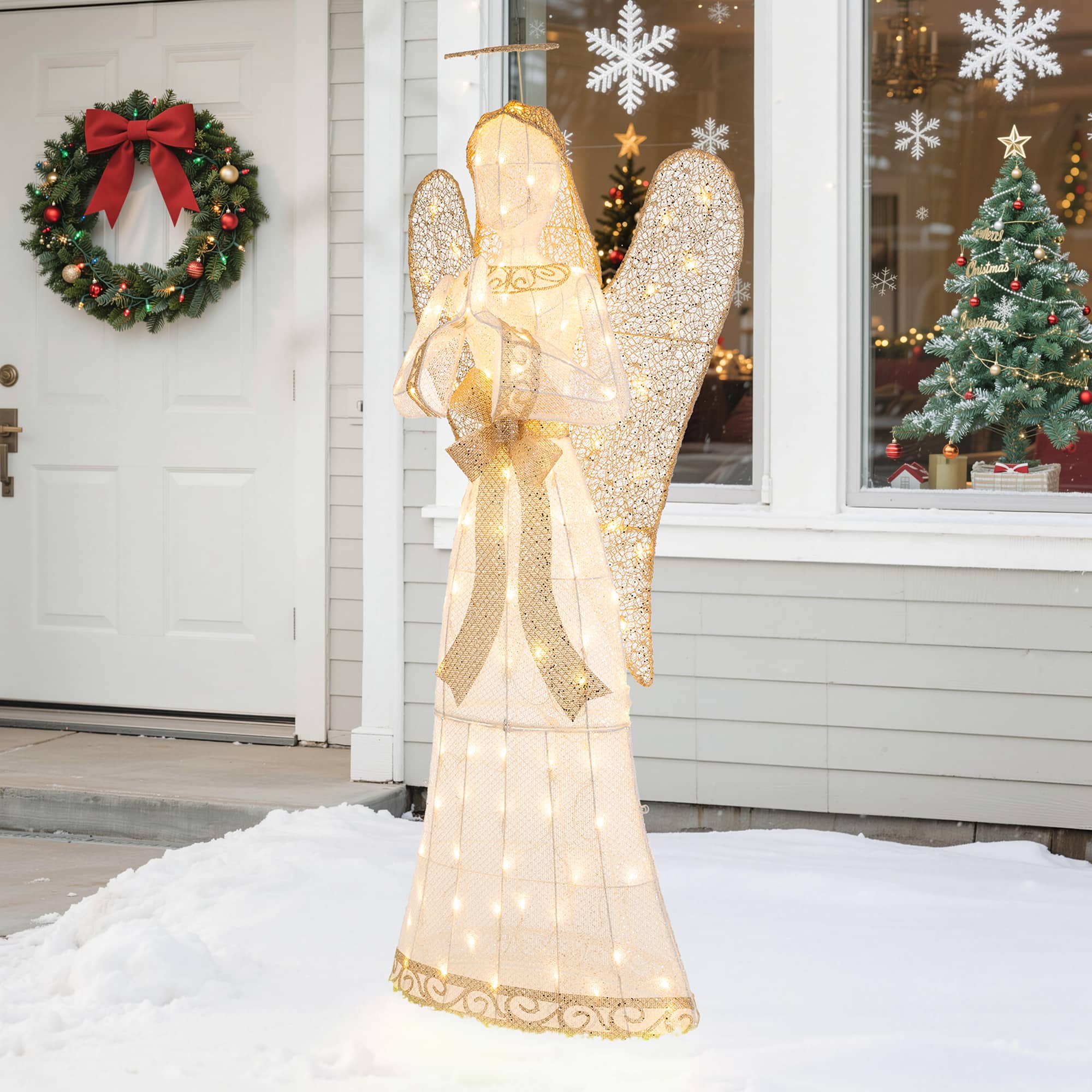 Glitzhome® 63" Christmas 3D Glittered Fabric Angel with 120 Warm White LED Lights