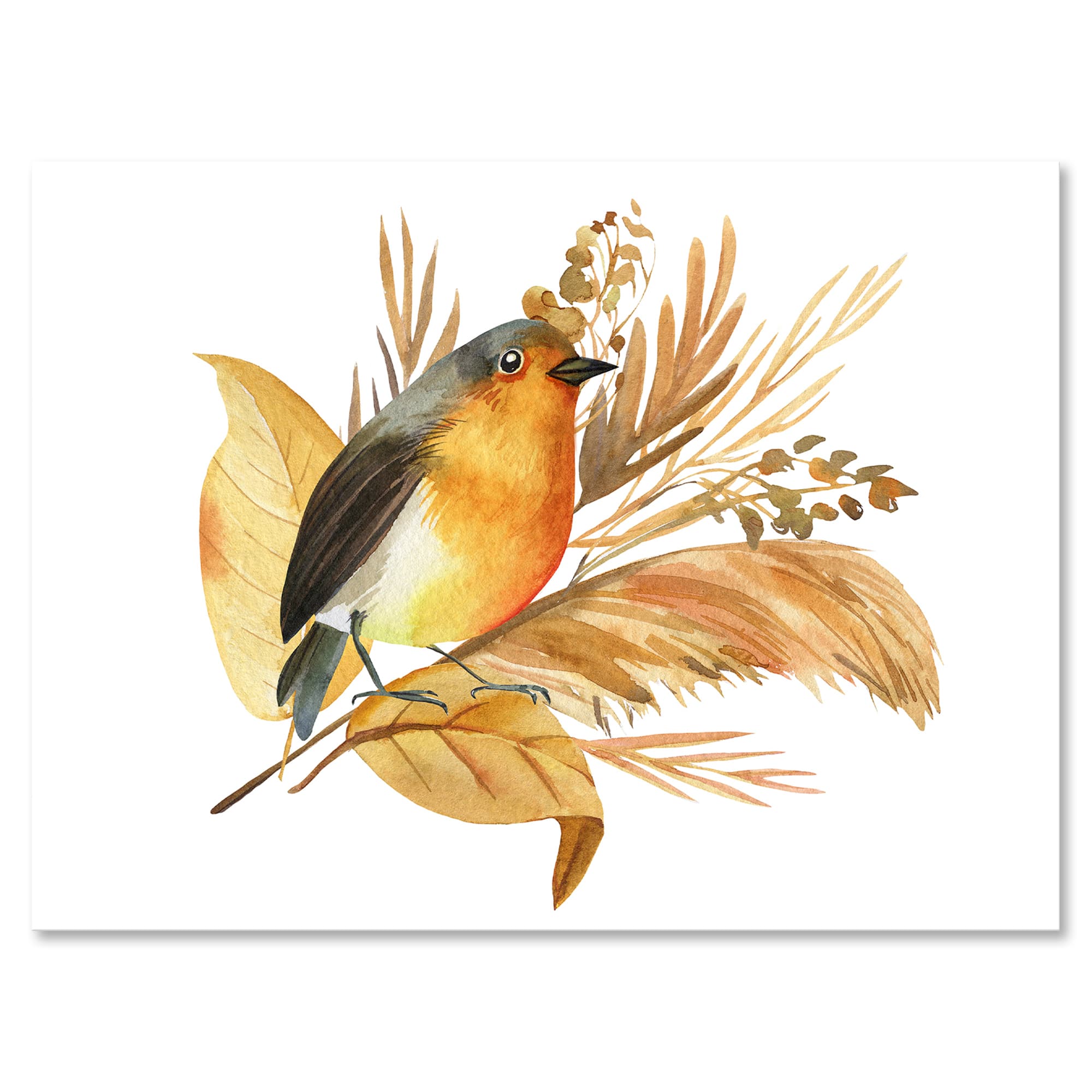 Designart - Robin Bird and Autumn Flowers - Traditional Canvas Wall Art Print