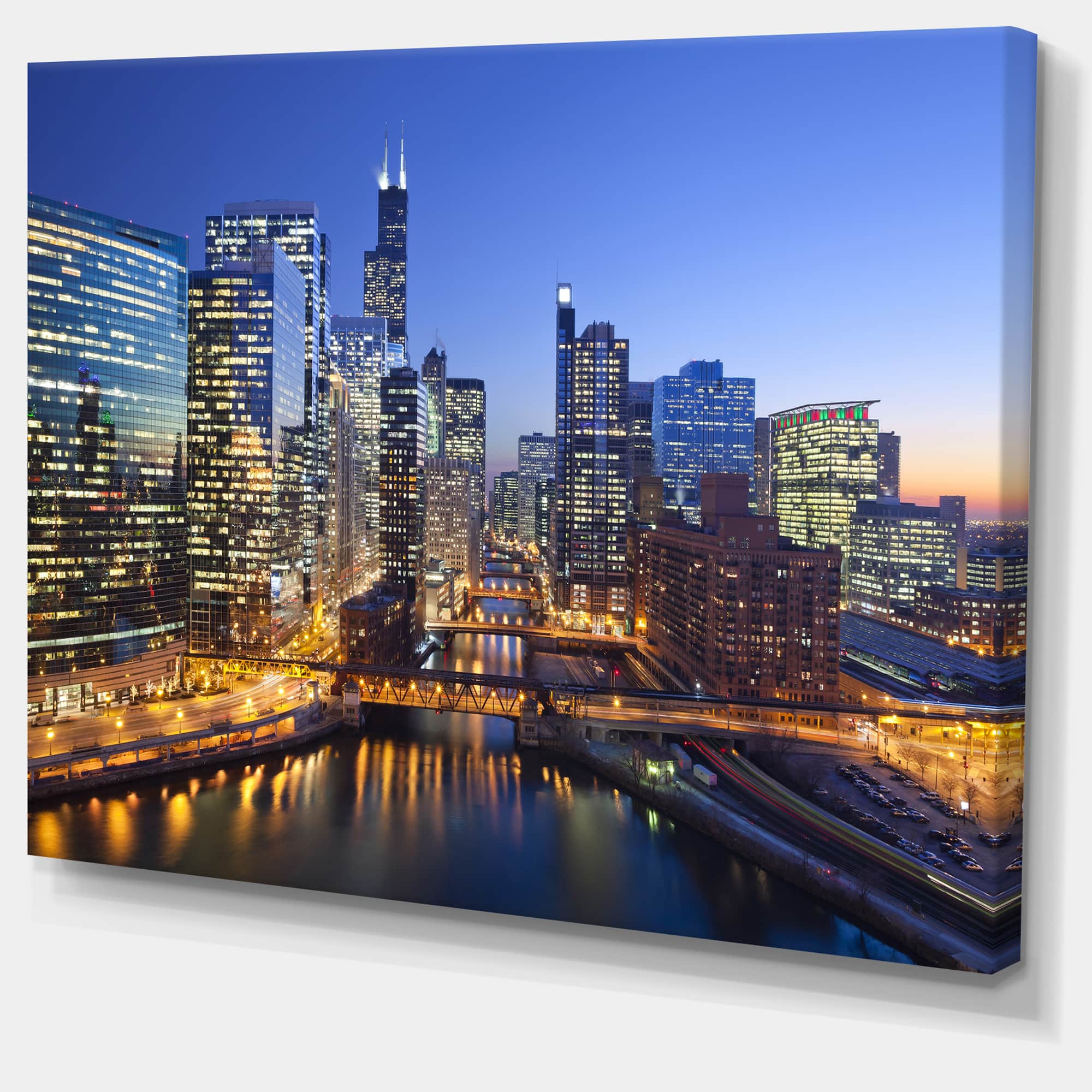 Designart - Chicago River with Bridges at Sunset - Cityscape Canvas Print