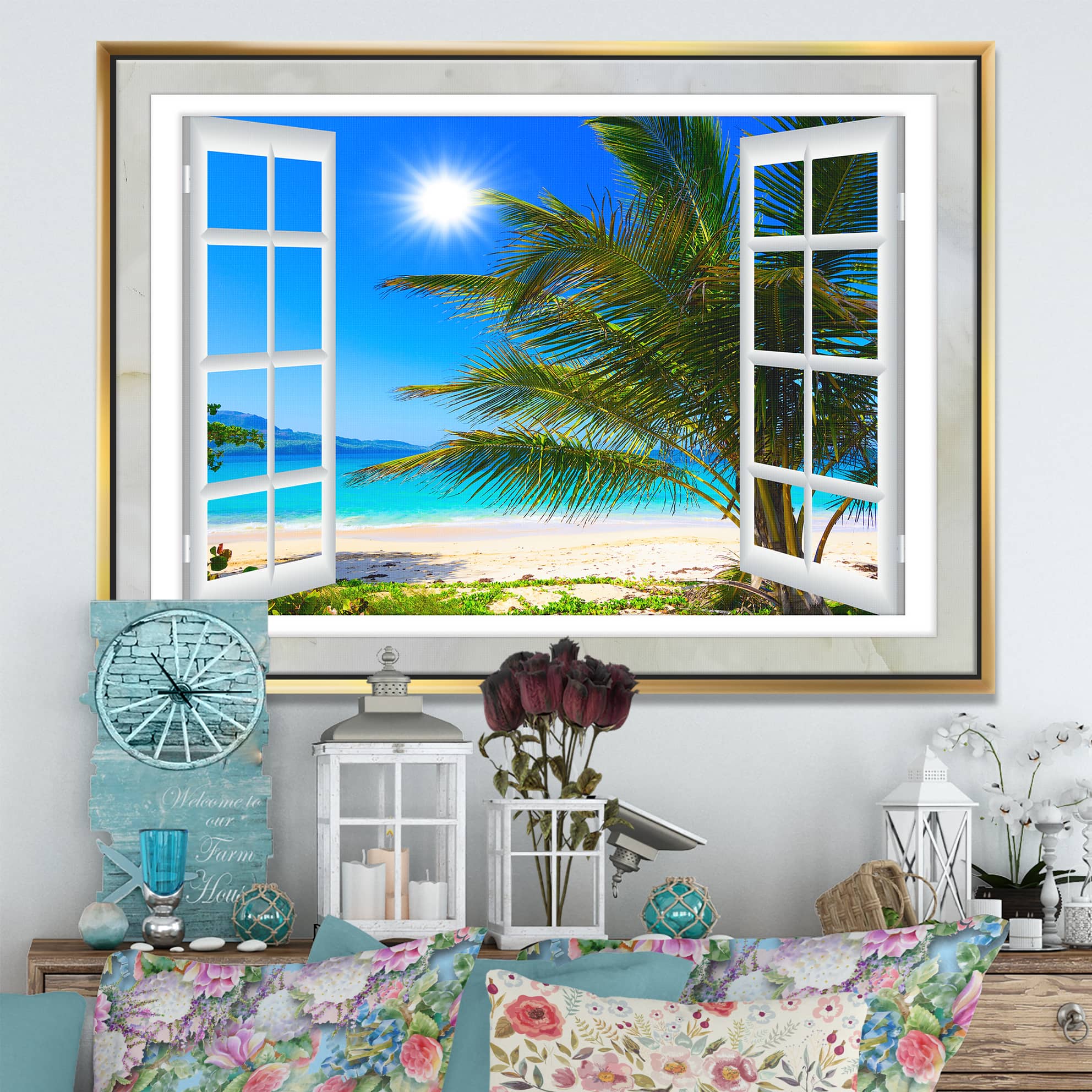 Designart - Window Open to Beach with Palm - Extra Large Seashore Framed Canvas Art