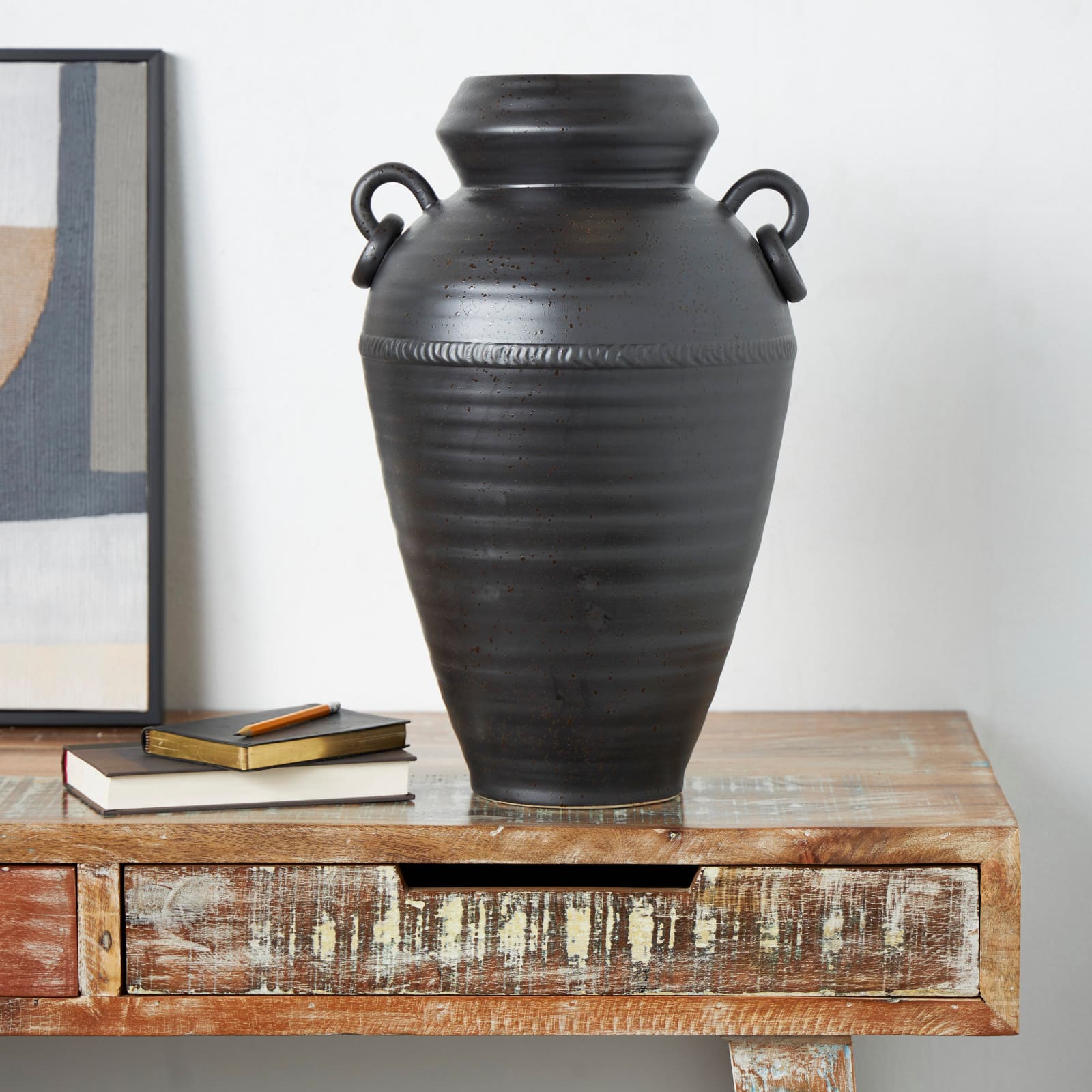 20" Black Ceramic Speckled Textured Amphora Vase