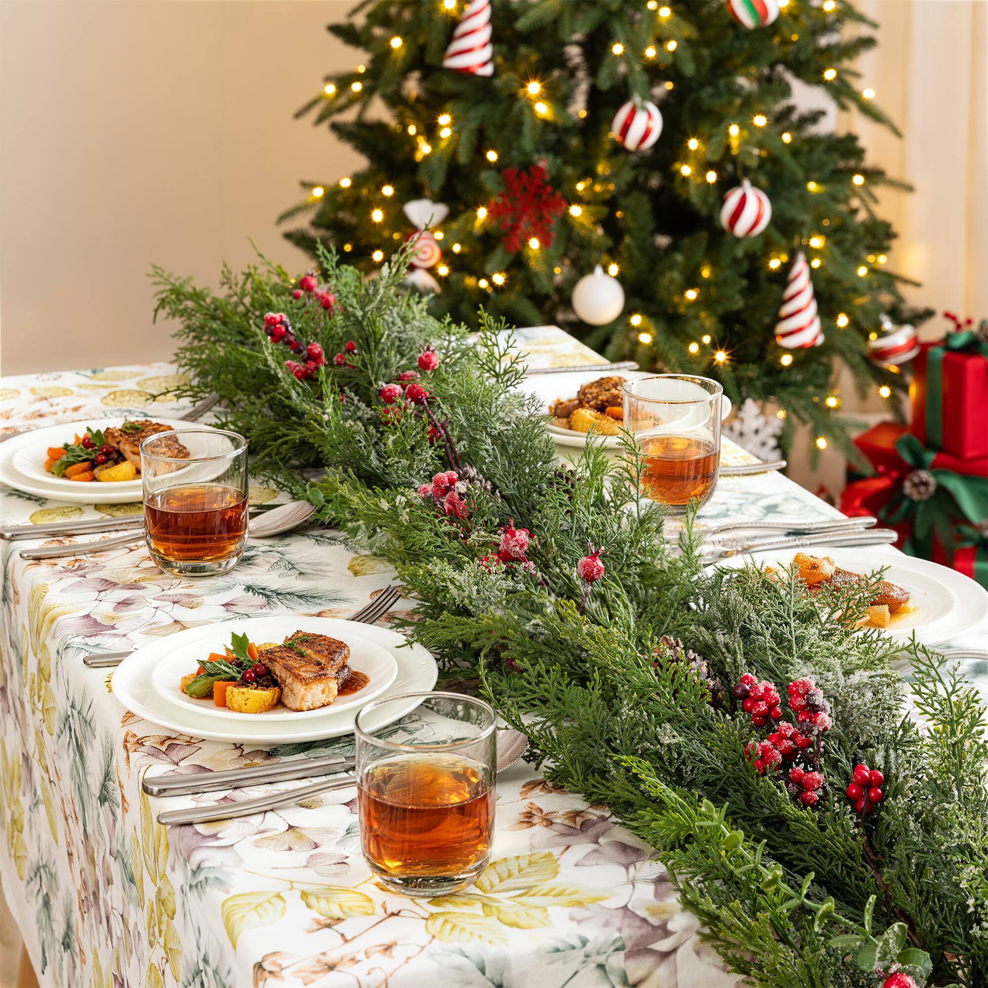 Glitzhome® 6ft. Christmas Greenery Frosted PE Dripping Garland with Pinecones & Red Berries, Set of 2