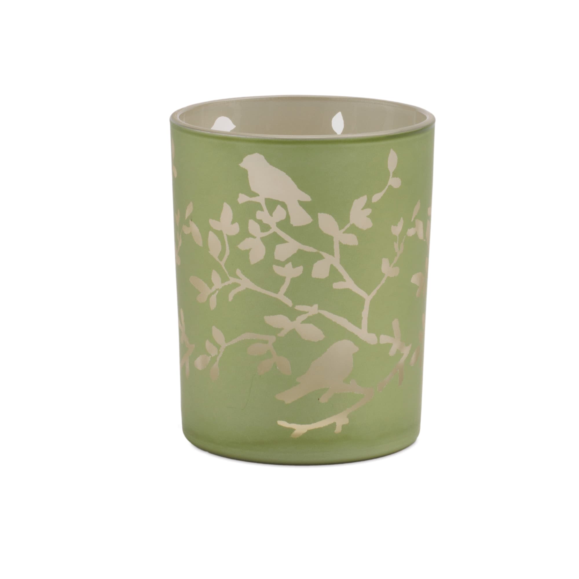 Green & Gold Frosted Floral Bird Candle Holder Set