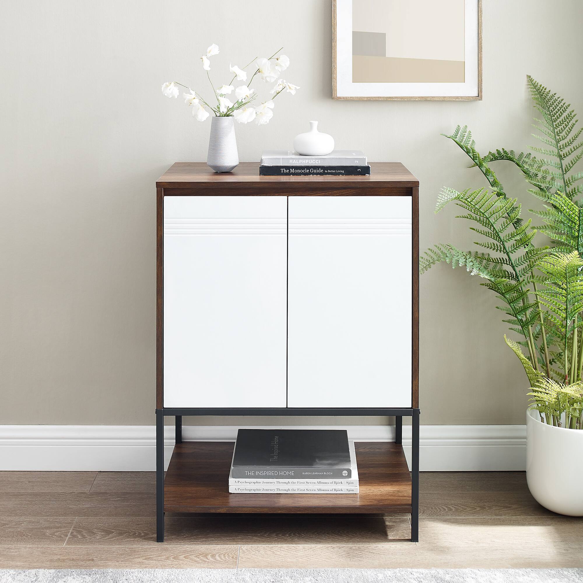 Walker Edison Dark Walnut/White 2 Door Accent Cabinet