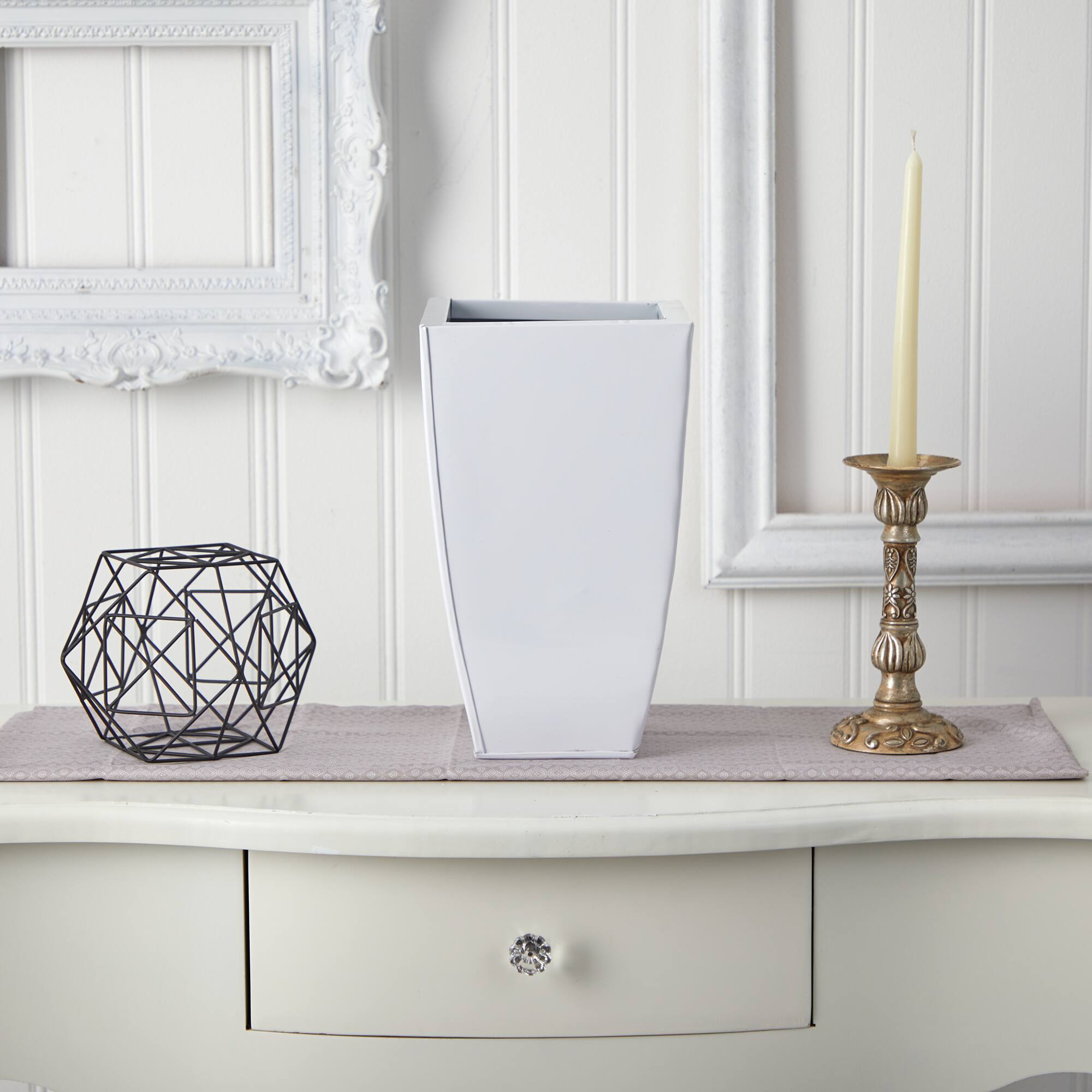 13" White Tapered Square Metal Planter