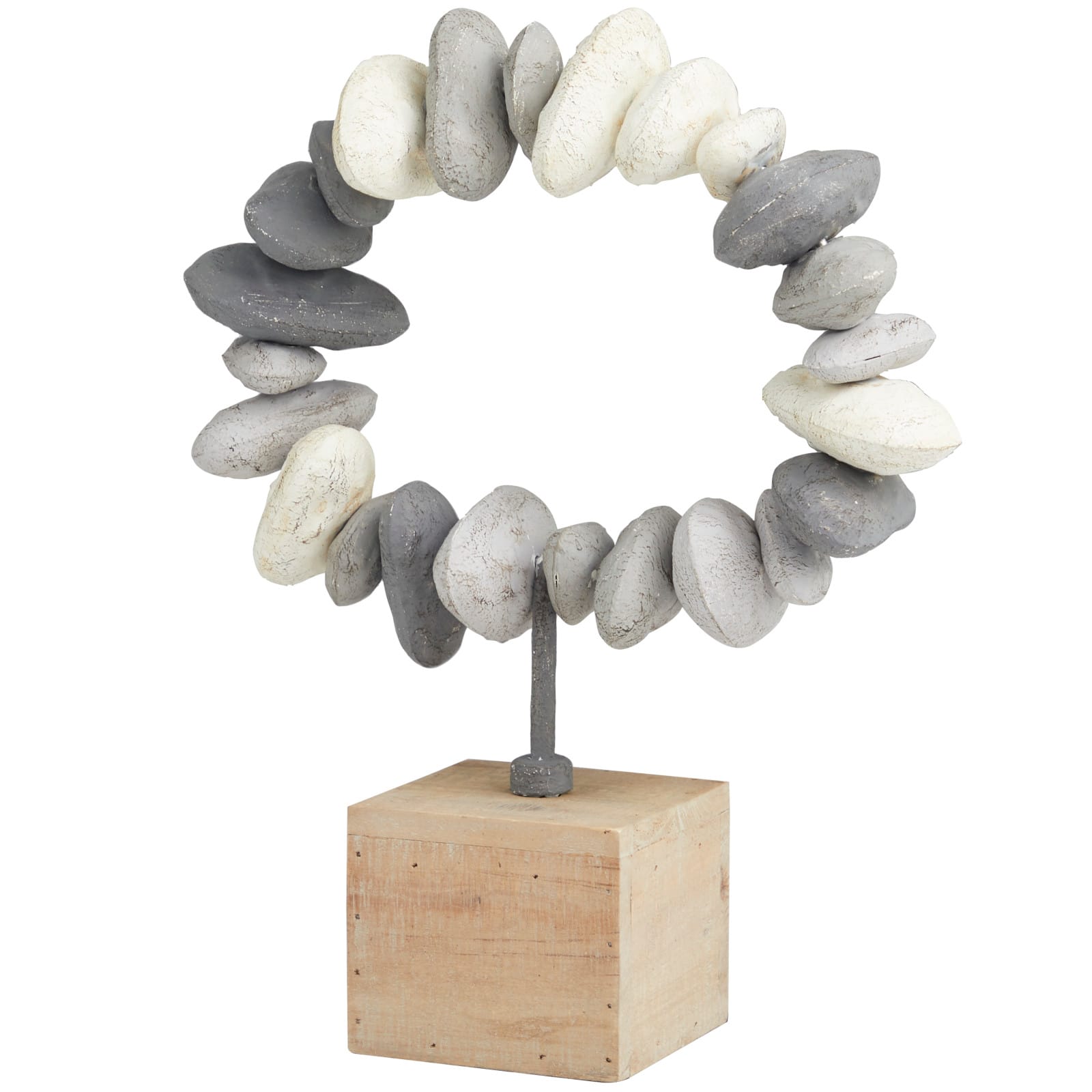 14" Gray Metal Circular Stone Abstract Sculpture with Brown Wooden Base