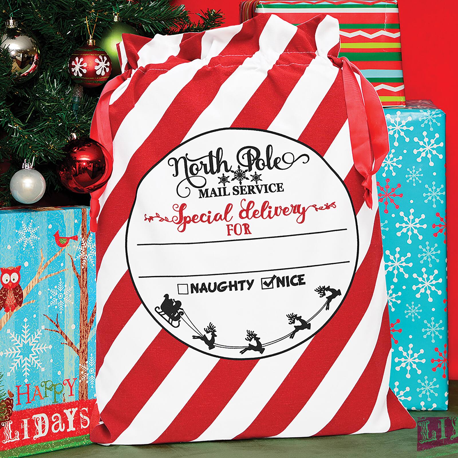 Personality Case™ 17" x 26" Red & White Stripe Cotton Christmas Drawstring Bag