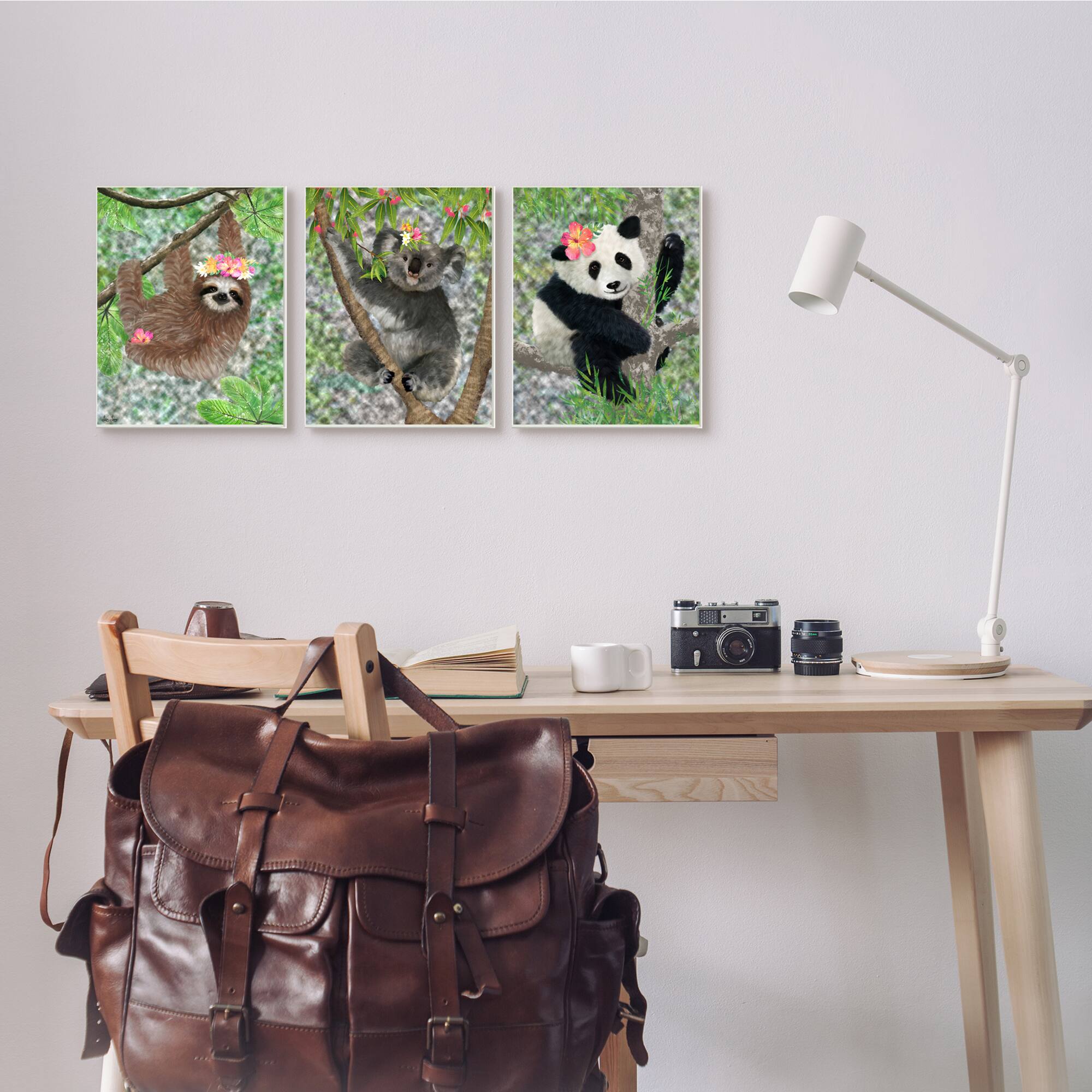 Stupell Industries Tropical Hibiscus Flower Jungle Animals Koala Panda Sloth Wall Plaque