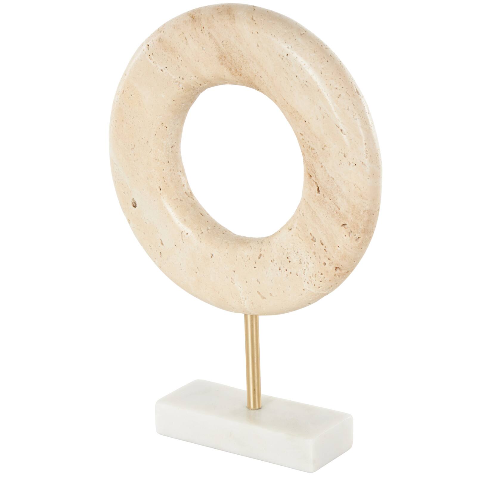 11.5" Cream Marble Geometric Textured Ring Decorative Sculpture with White Base & Gold Stand