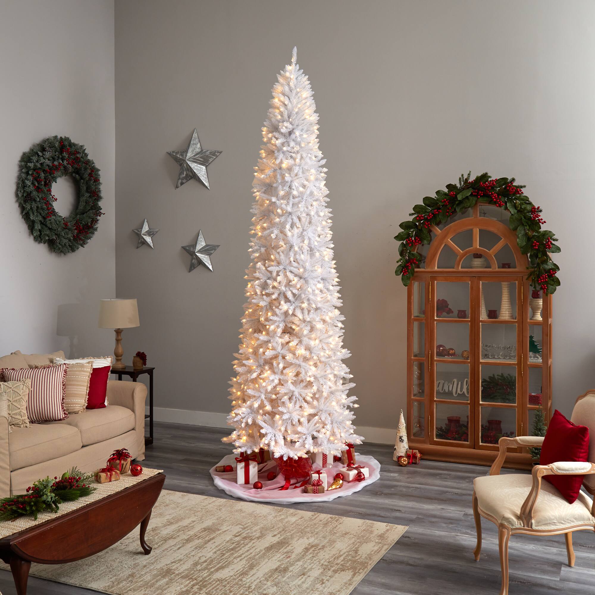 11ft. Pre-Lit Slim White Artificial Christmas Tree, Warm White LED Lights