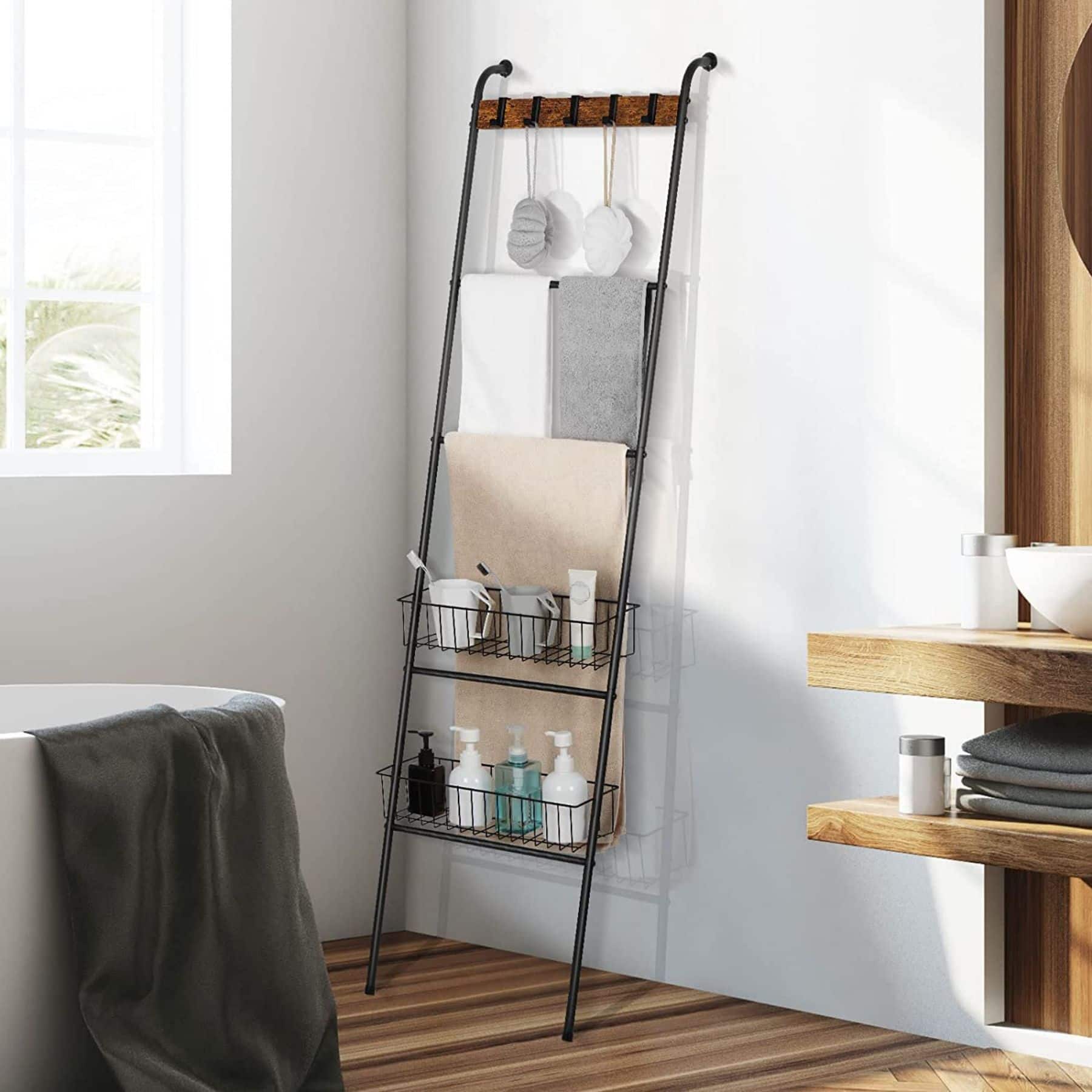 NEX™ 64" Black Blanket Ladder Leaning Towel Holder with 2 Metal Baskets