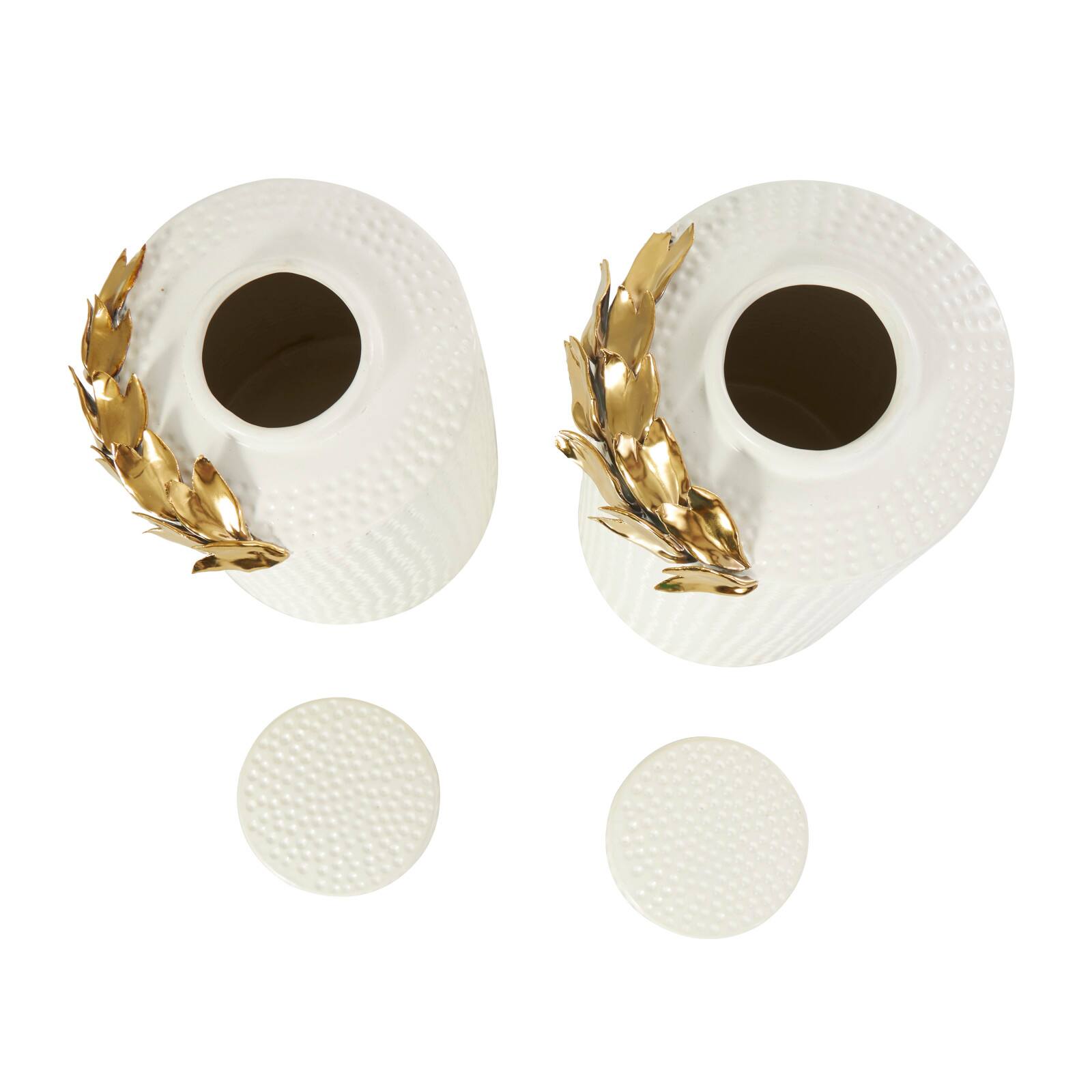 White Ceramic Decorative Jar Set with Abstract Spotted Pattern & Gold Leaf Accents