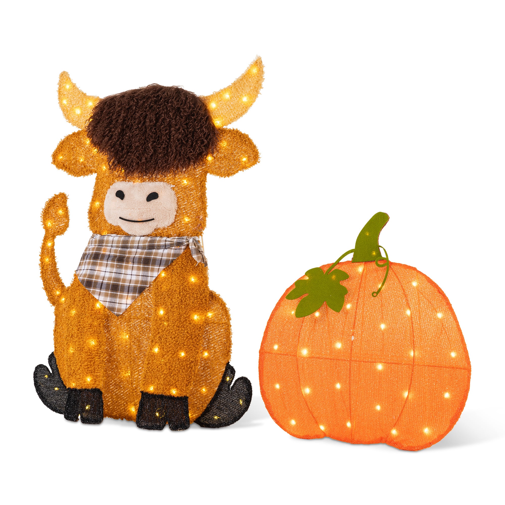 Glitzhome® S/2 2.5D Lighted Fall Pumpkin & Highland Cow Outdoor Decor with 130 Warm White LED Lights | 26.25" x 2.25" x 38.25" | Michaels®